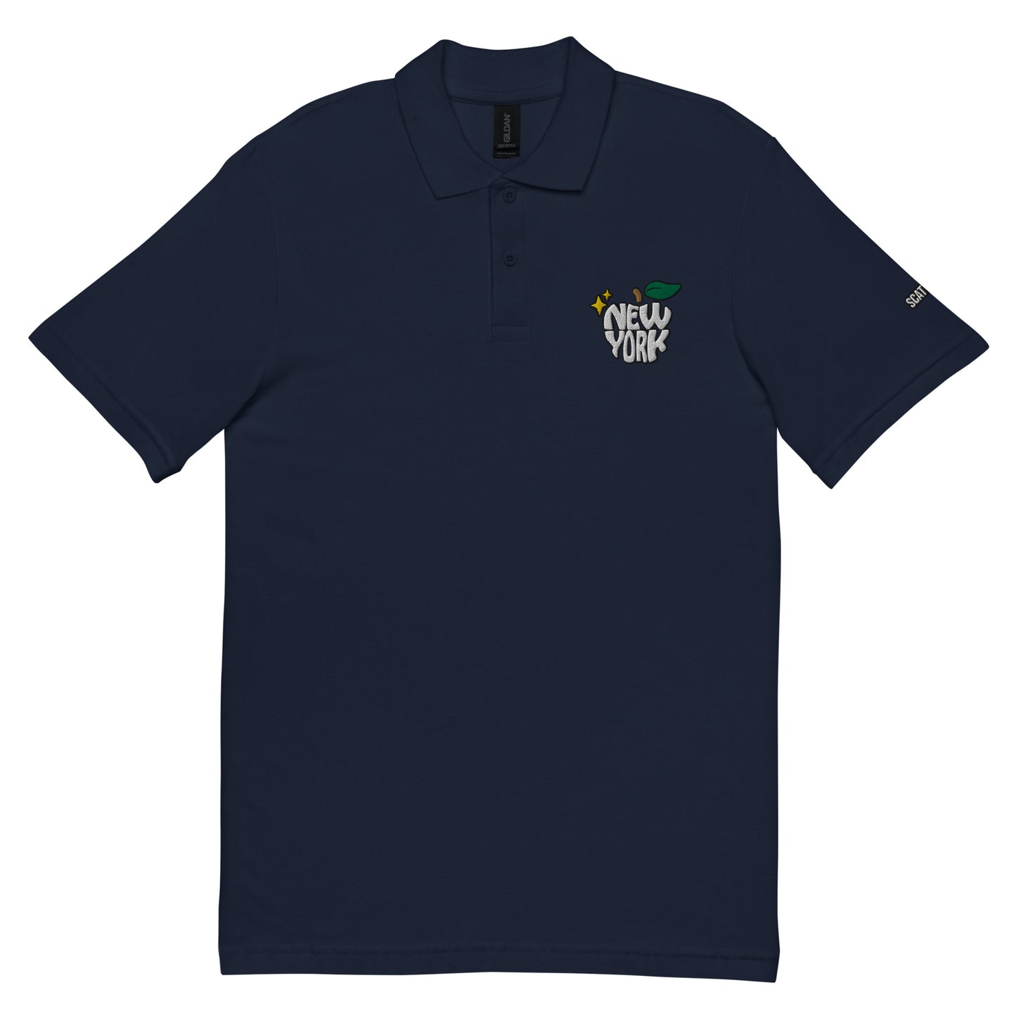 New York Apple Logo Embroidered Navy Blue Polo Shirt Scattered Streetwear