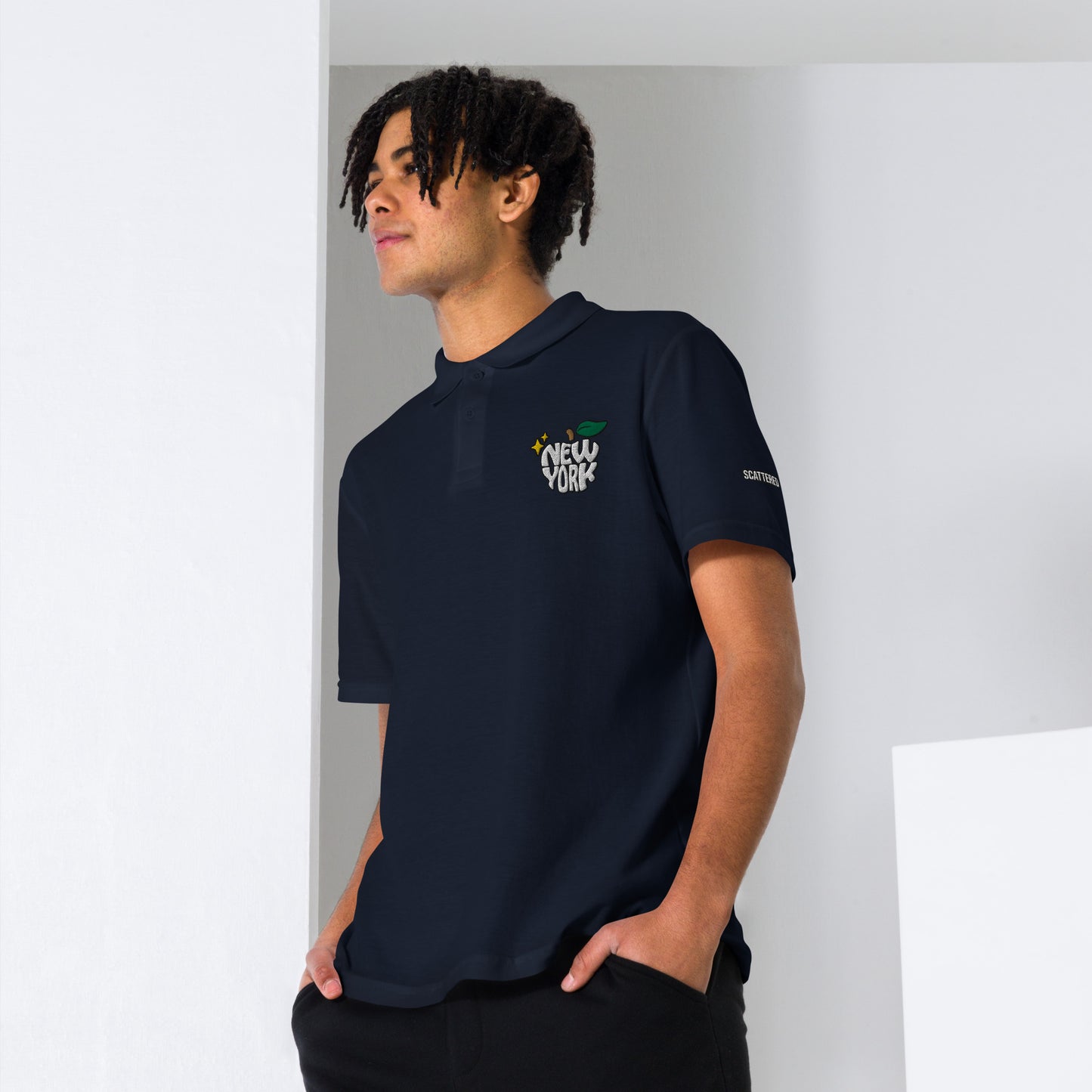 New York Apple Logo Embroidered Navy Blue Polo Shirt Scattered Streetwear