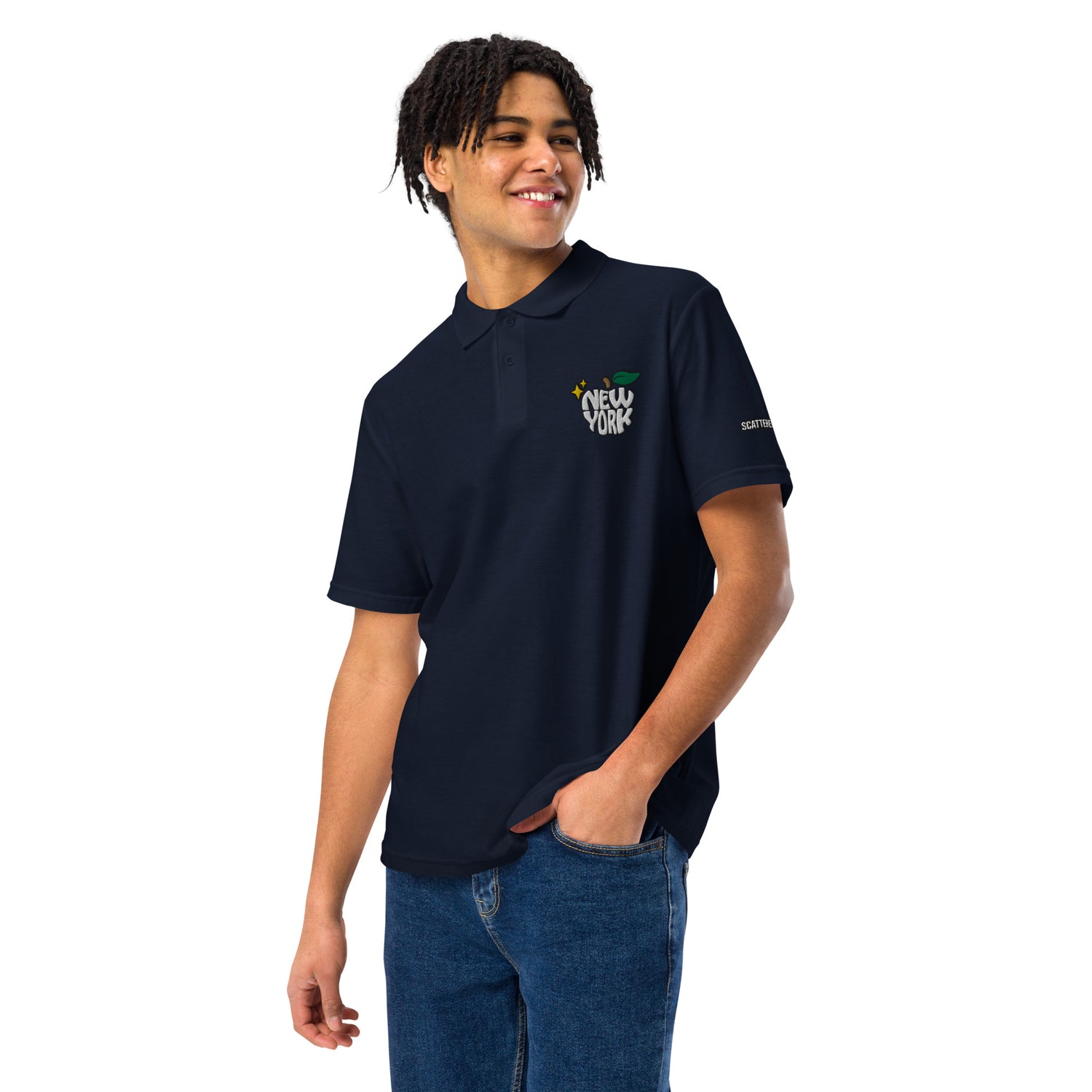 New York Apple Logo Embroidered Navy Blue Polo Shirt Scattered Streetwear