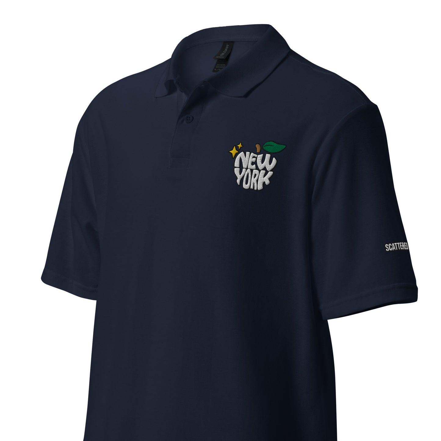 New York Apple Logo Embroidered Navy Blue Polo Shirt Scattered Streetwear