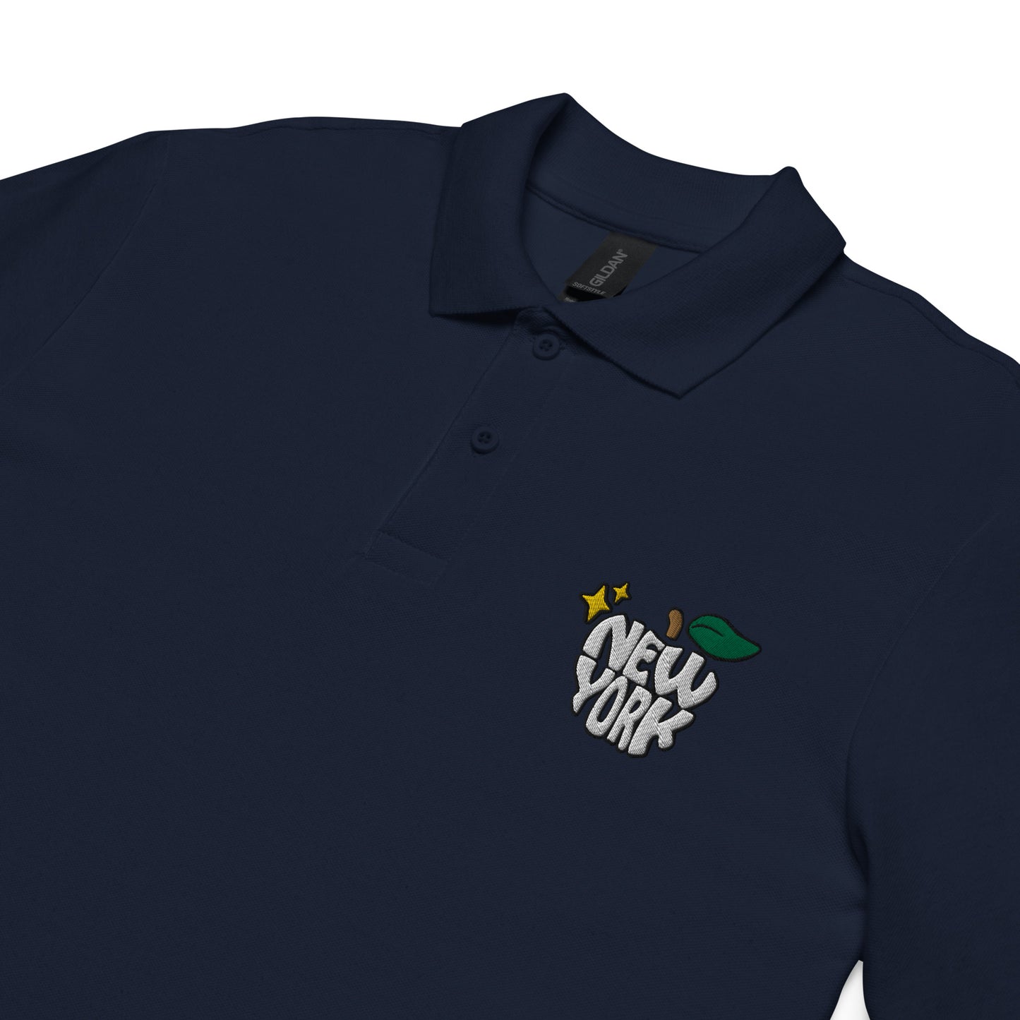 New York Apple Logo Embroidered Navy Blue Polo Shirt Scattered Streetwear