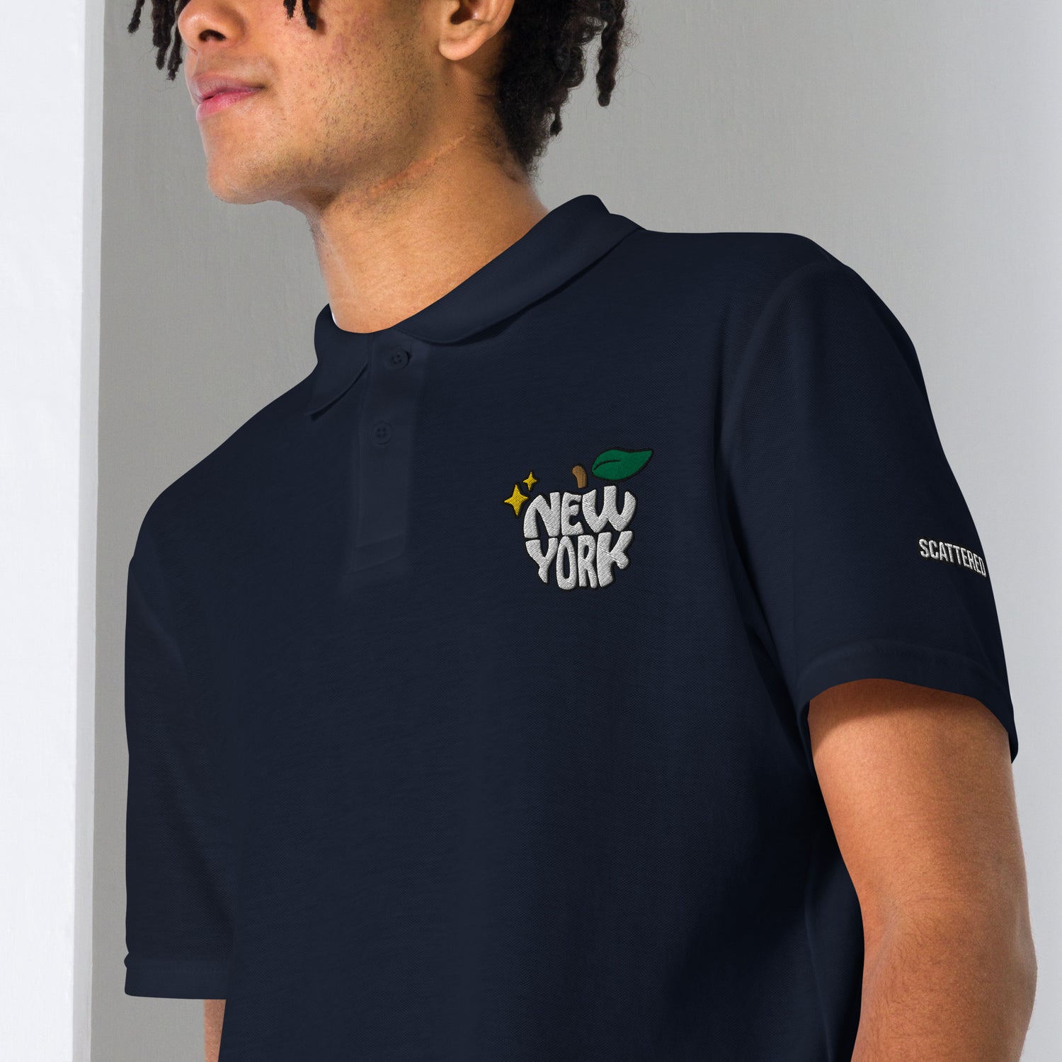 New York Apple Logo Embroidered Navy Blue Polo Shirt Scattered Streetwear