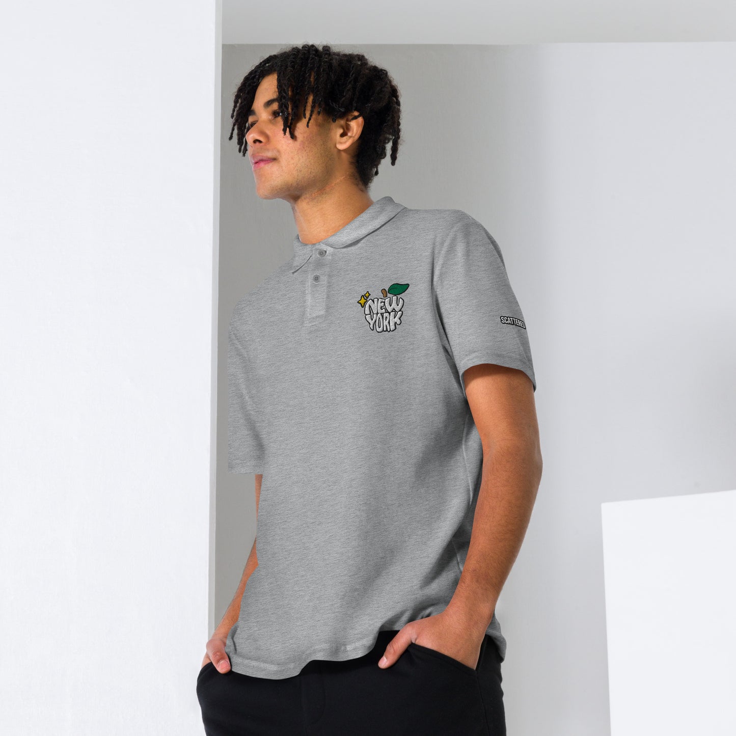 New York Apple Logo Embroidered Grey Polo Shirt Scattered Streetwear