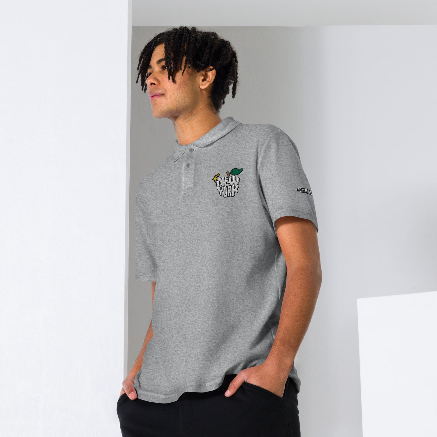 New York Apple Logo Embroidered Grey Polo Shirt Scattered Streetwear