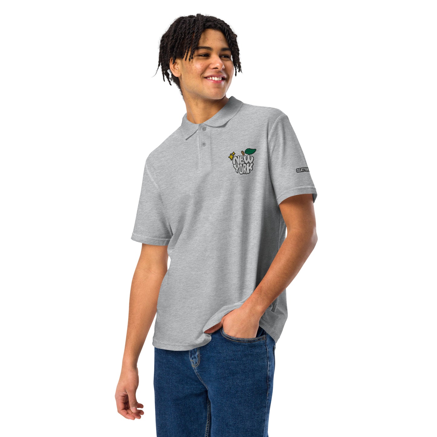 New York Apple Logo Embroidered Grey Polo Shirt Scattered Streetwear