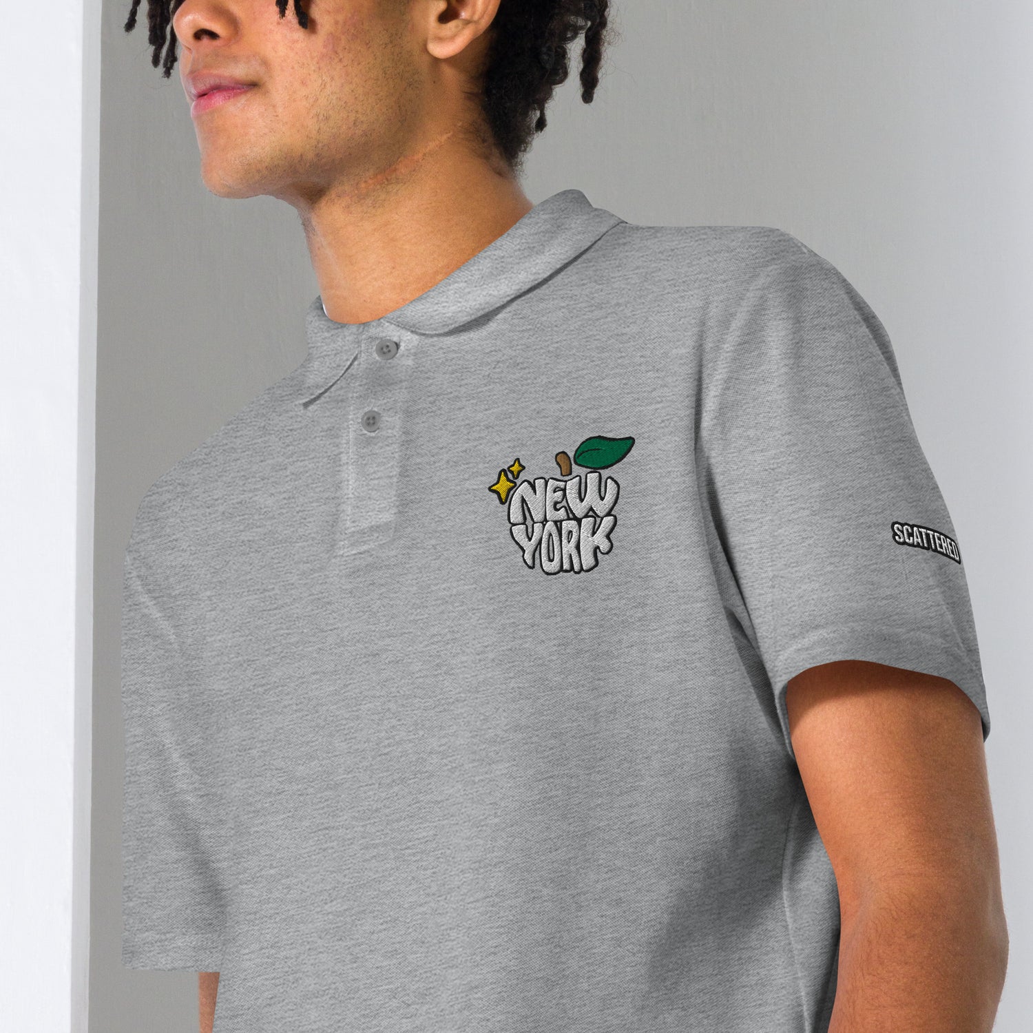 New York Apple Logo Embroidered Grey Polo Shirt Scattered Streetwear