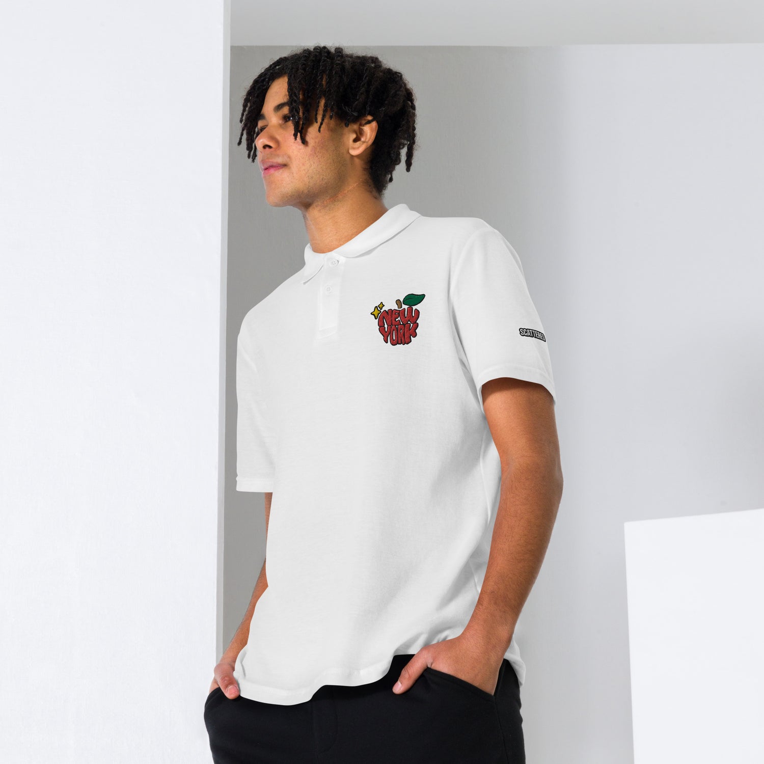 New York Apple Logo Embroidered White Polo Shirt Scattered Streetwear