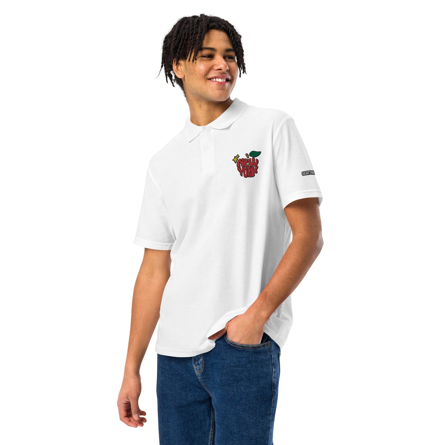 New York Apple Logo Embroidered White Polo Shirt Scattered Streetwear