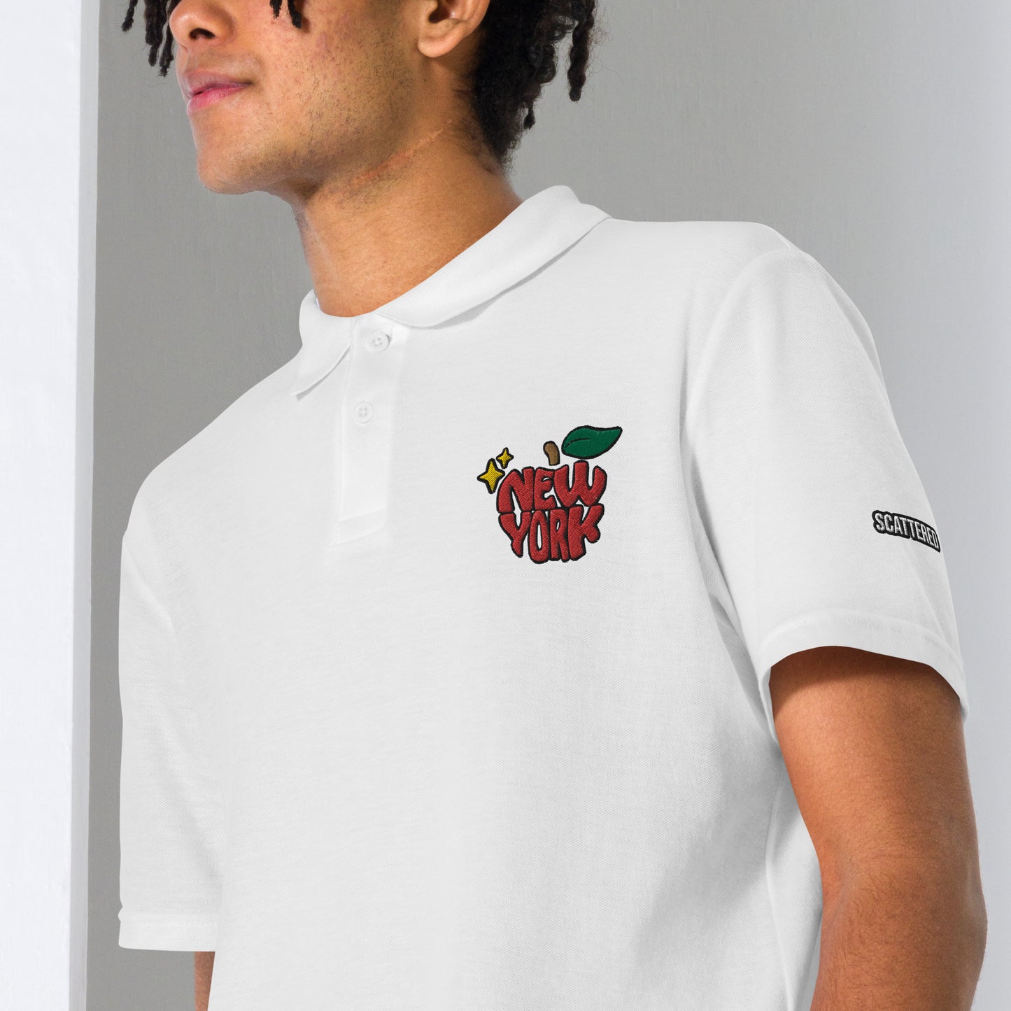 New York Apple Logo Embroidered White Polo Shirt Scattered Streetwear