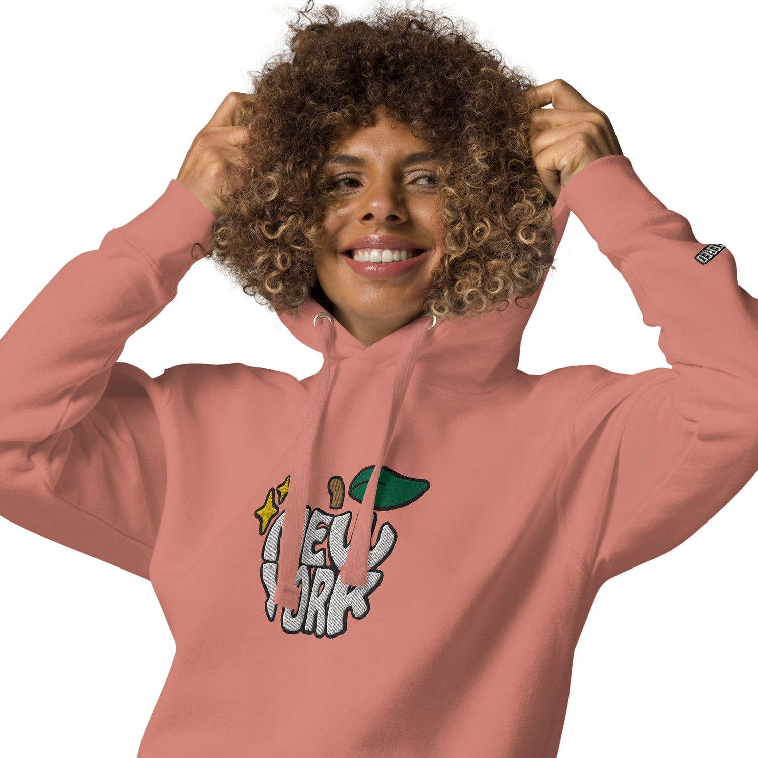 New York Apple Logo Embroidered Salmon Pink Streetwear Hoodie Sweatshirt | Scattered