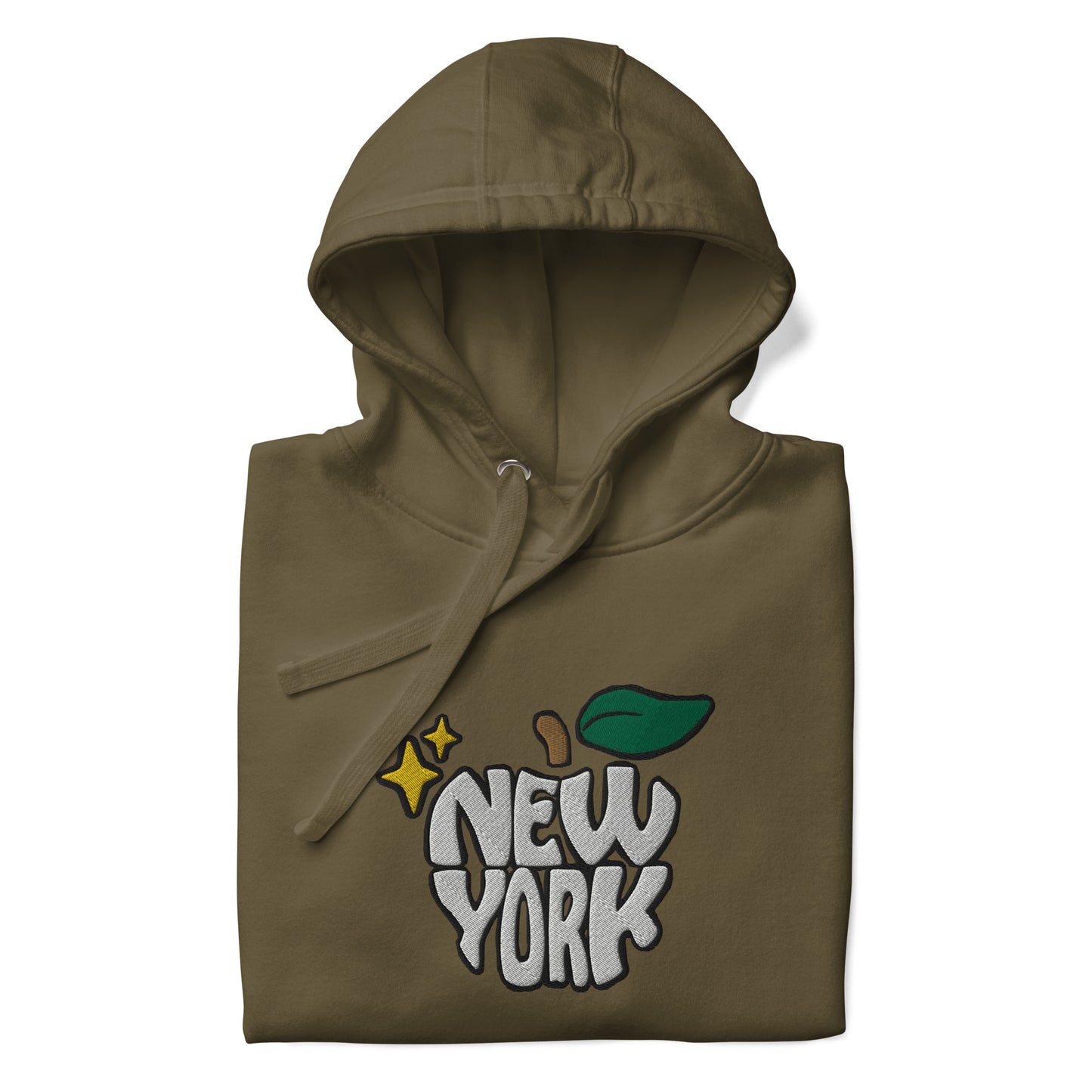 New York Apple Logo Embroidered Olive Green Streetwear Hoodie Sweatshirt | Scattered