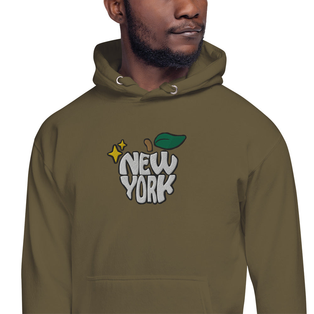 New York Apple Logo Embroidered Olive Green Streetwear Hoodie Sweatshirt | Scattered