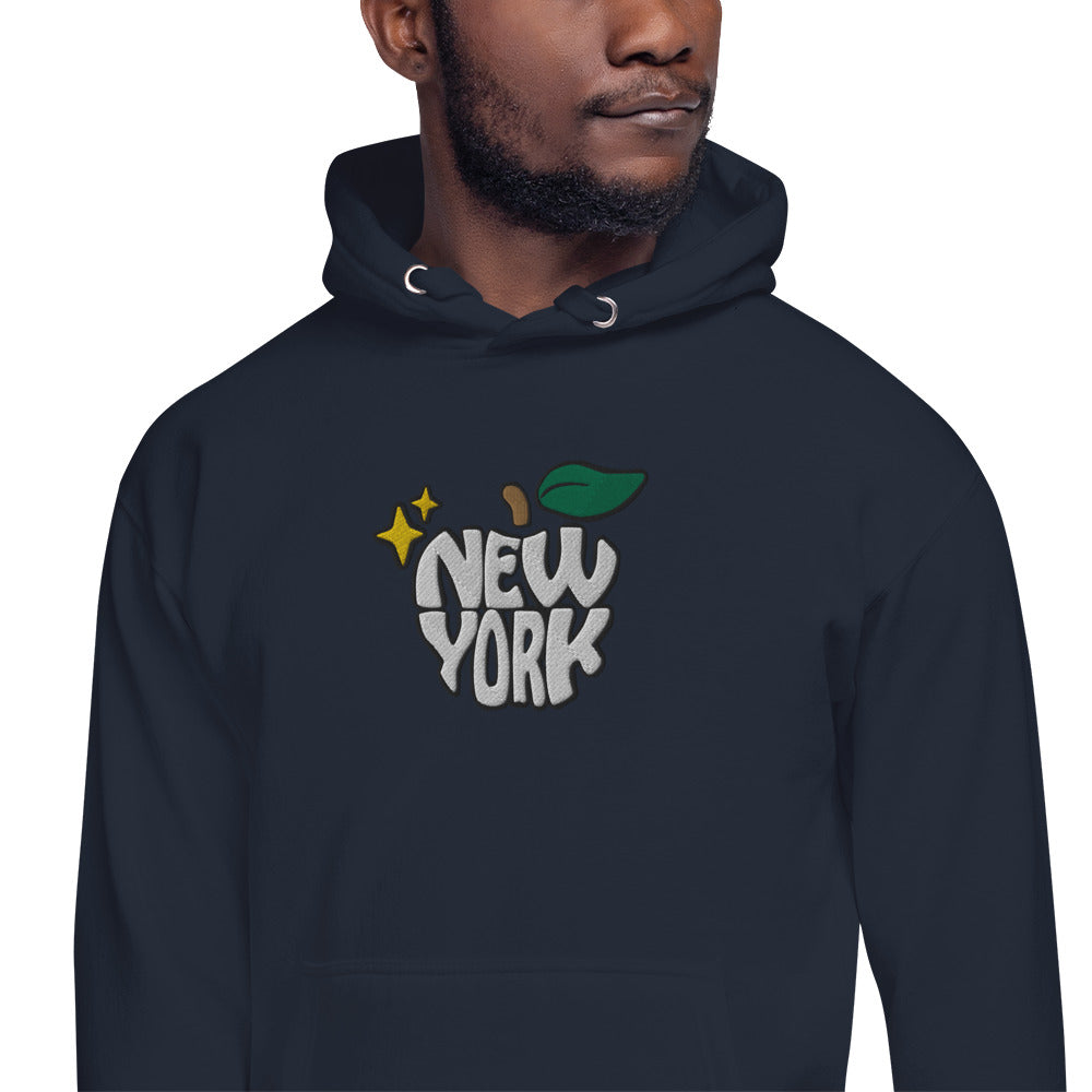 New York Apple Logo Embroidered Navy Blue Streetwear Hoodie Sweatshirt | Scattered
