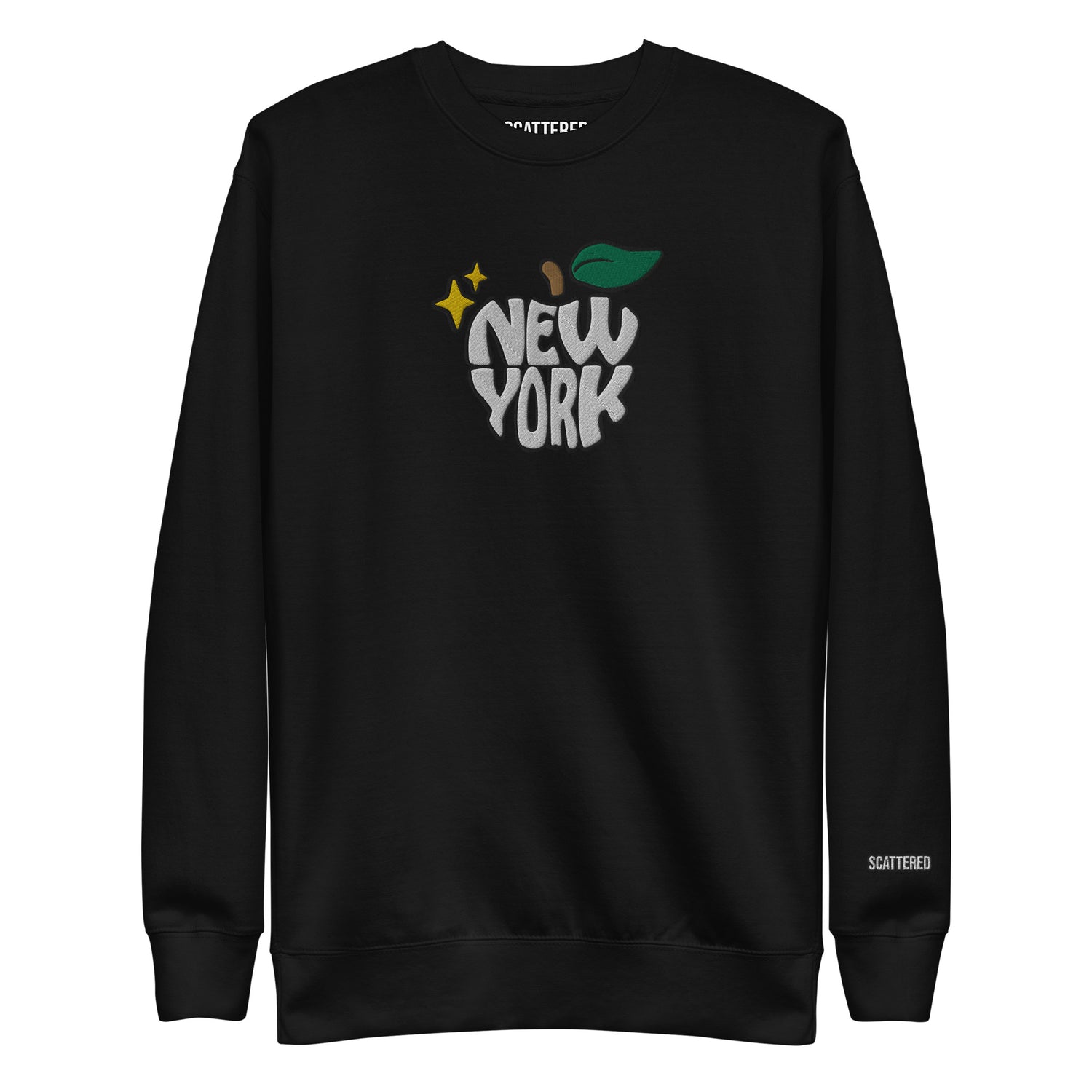 New York Apple Logo Embroidered Black Crewneck Sweatshirt Scattered Streetwear
