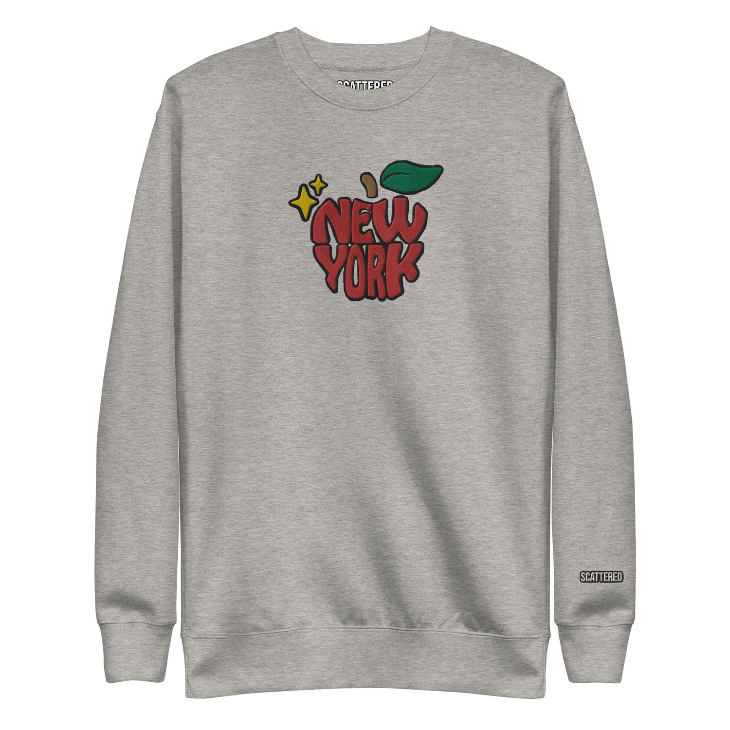 New York Apple Logo Embroidered Grey Crewneck Sweatshirt Scattered Streetwear