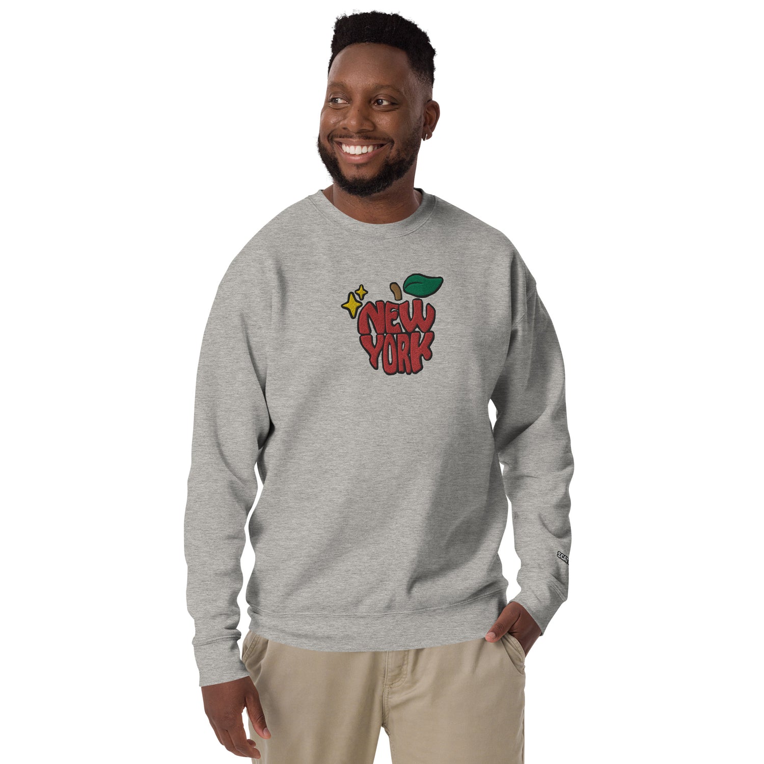 New York Apple Logo Embroidered Grey Crewneck Sweatshirt Scattered Streetwear