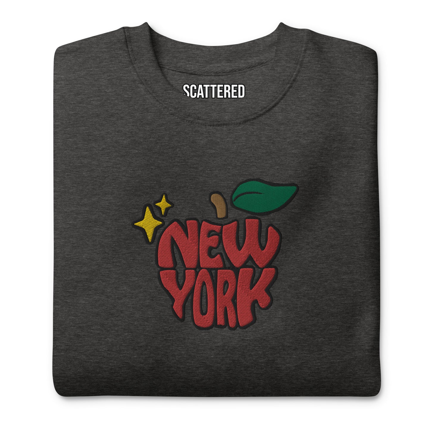New York Apple Logo Embroidered Charcoal Grey Crewneck Sweatshirt Scattered Streetwear