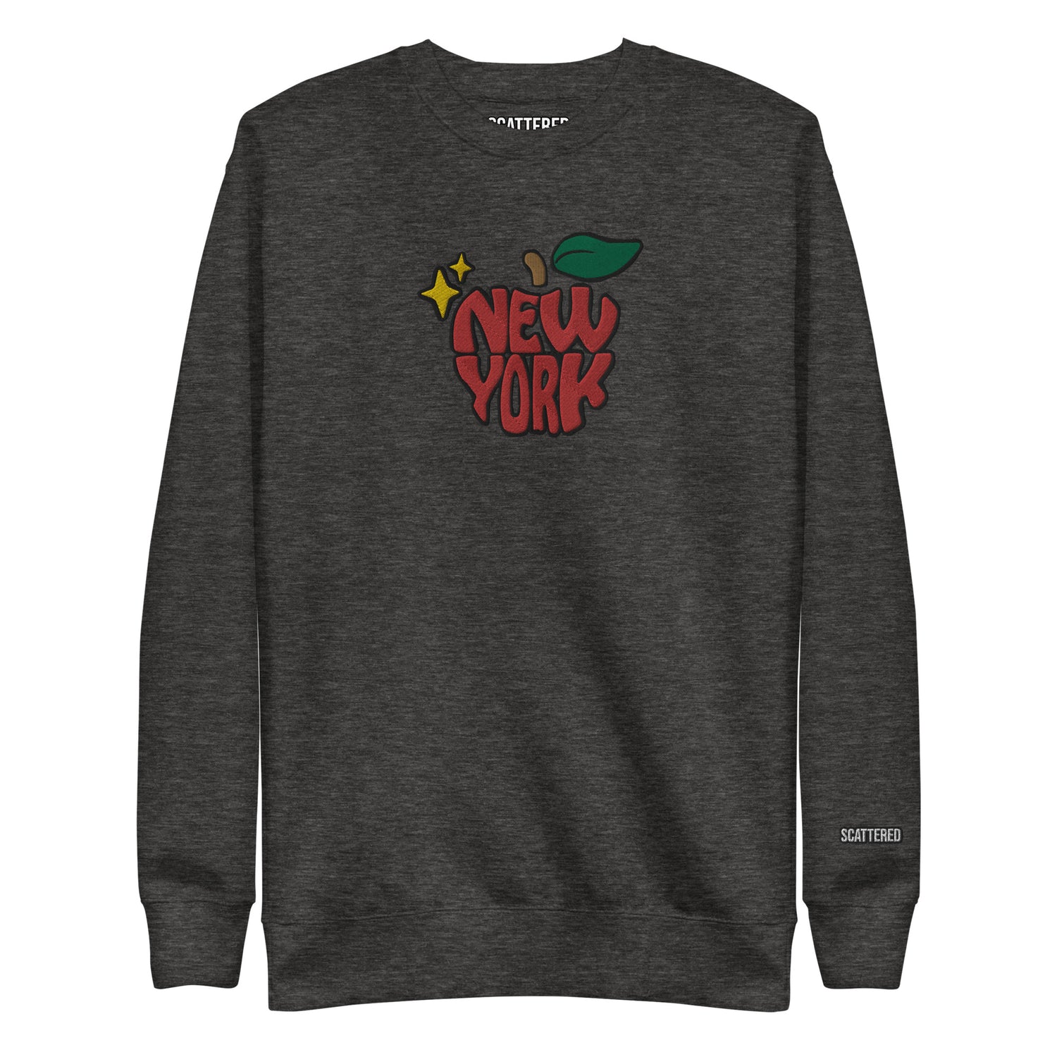 New York Apple Logo Embroidered Charcoal Grey Crewneck Sweatshirt Scattered Streetwear