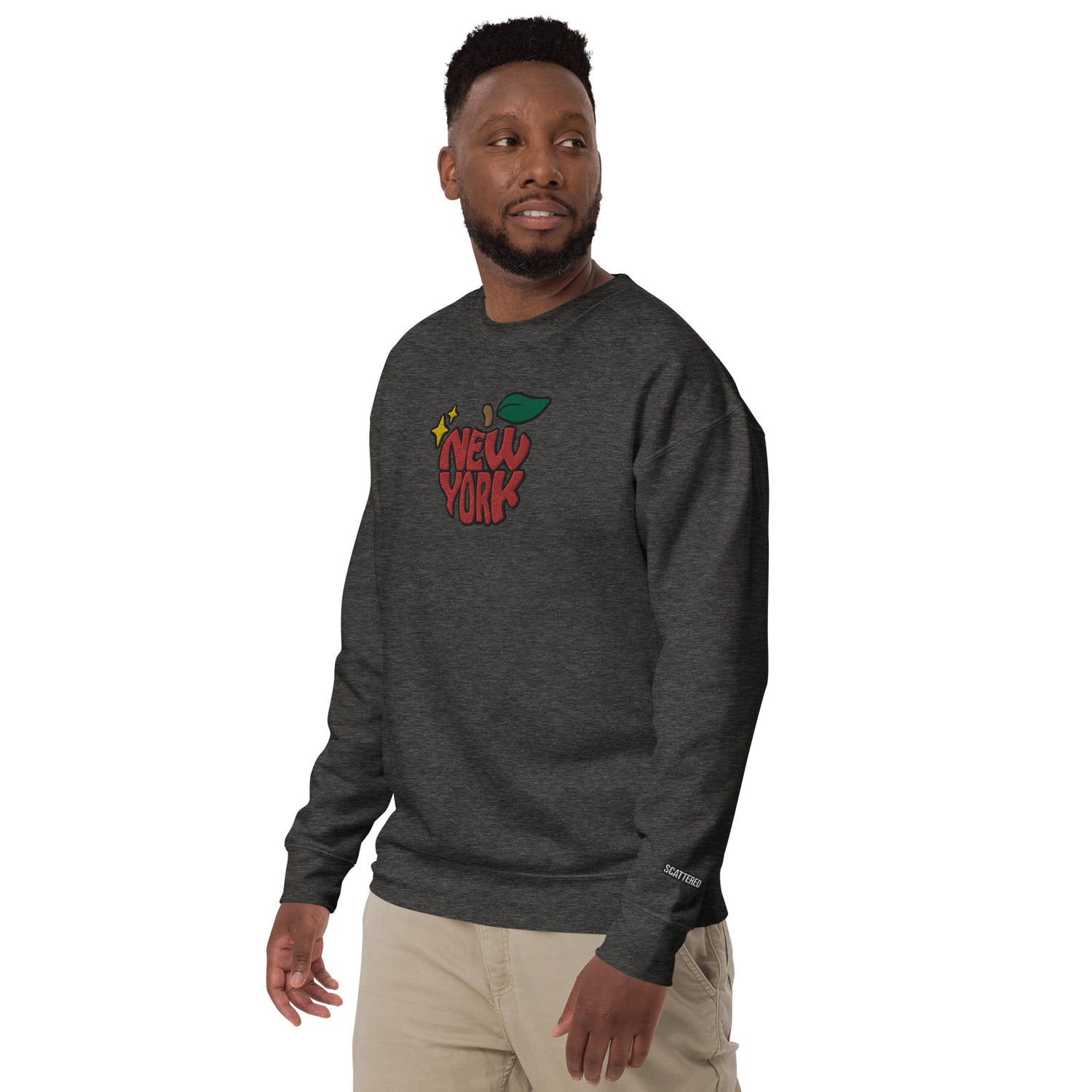 New York Apple Logo Embroidered Charcoal Grey Crewneck Sweatshirt Scattered Streetwear