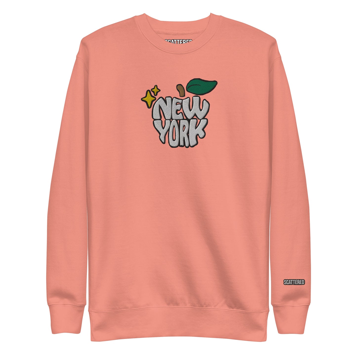 New York Apple Logo Embroidered Salmon Pink Crewneck Sweatshirt Scattered Streetwear
