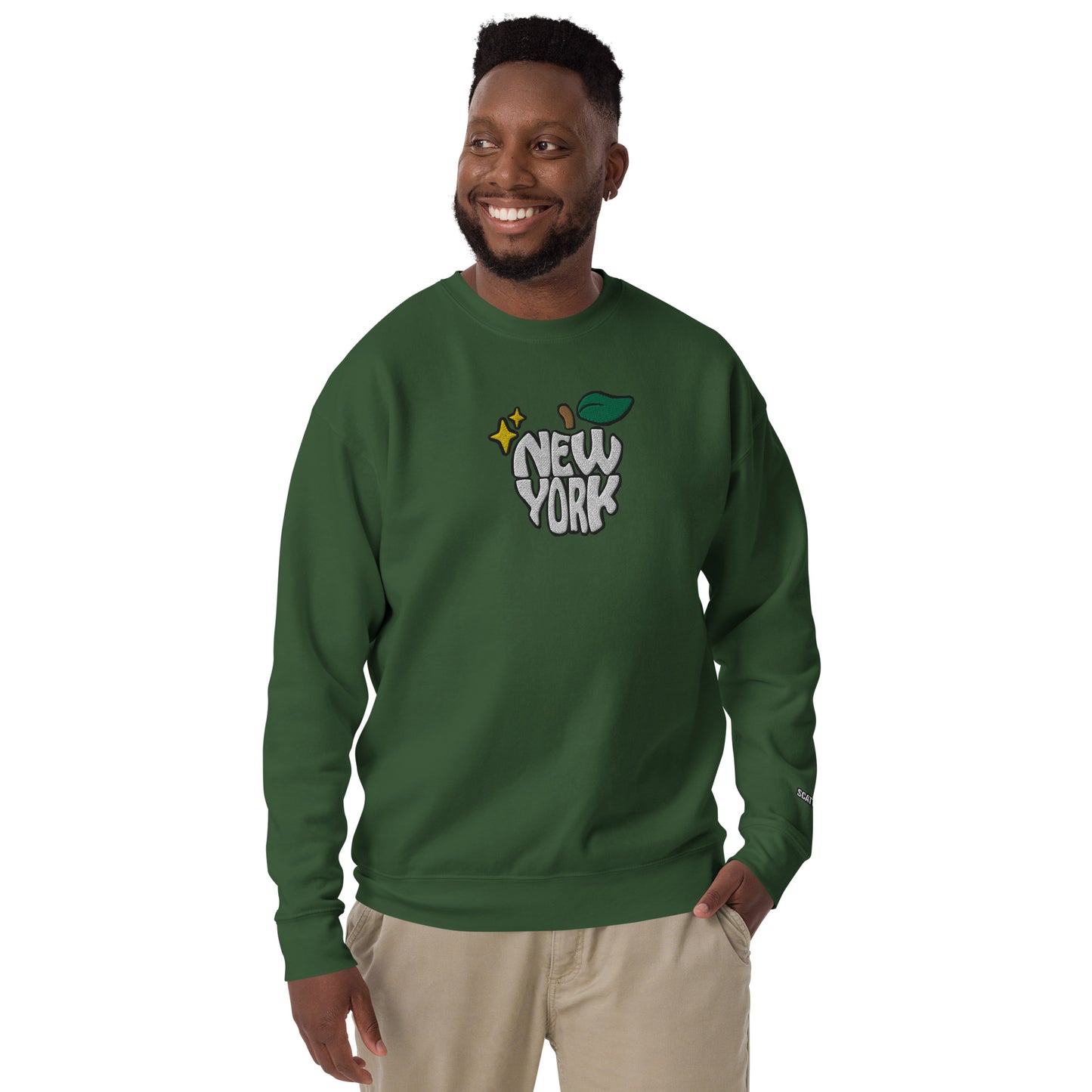 New York Apple Logo Embroidered Green Crewneck Sweatshirt Scattered Streetwear