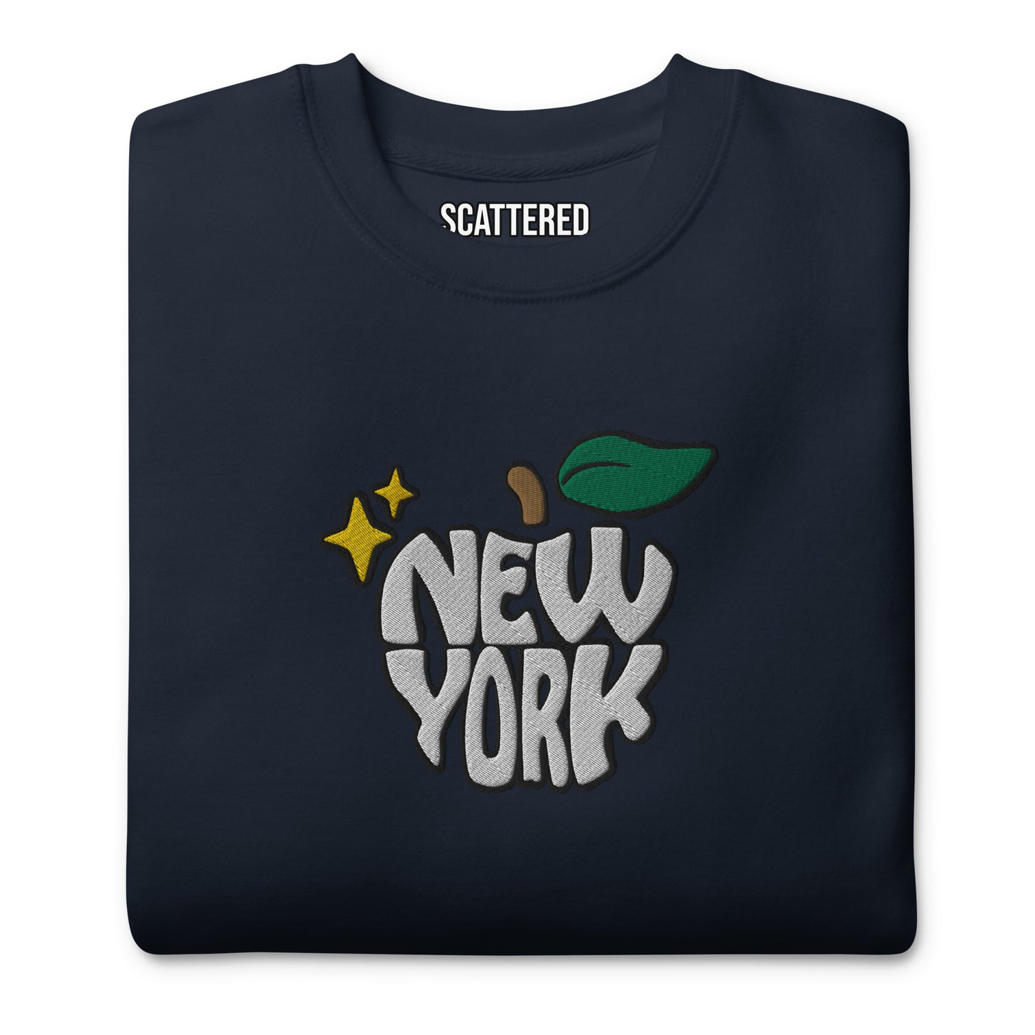 New York Apple Logo Embroidered Navy Blue Crewneck Sweatshirt Scattered Streetwear