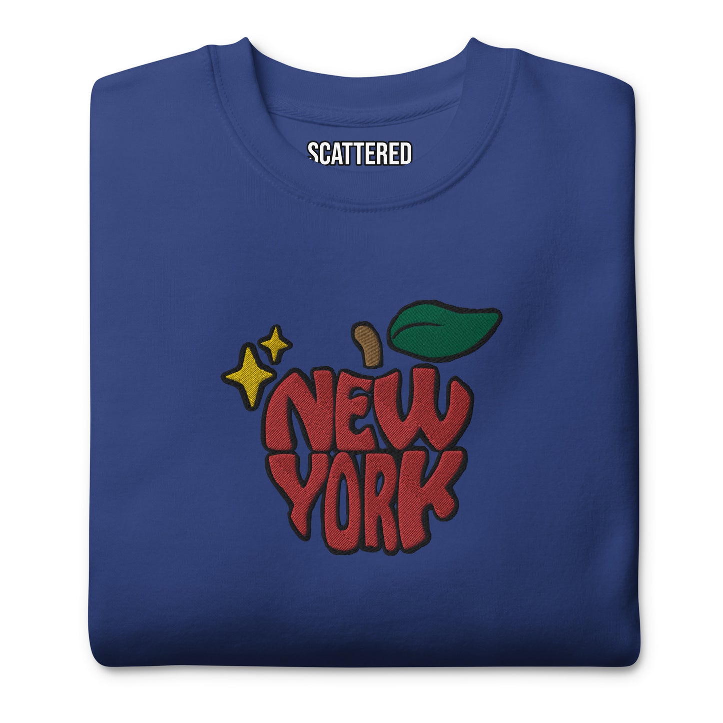 New York Apple Logo Embroidered Royal Blue Crewneck Sweatshirt Scattered Streetwear