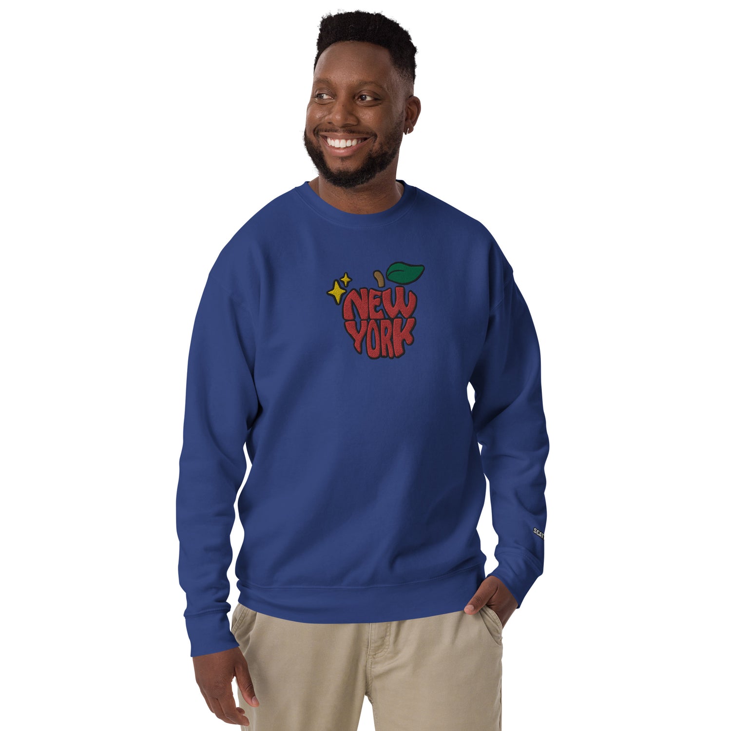 New York Apple Logo Embroidered Royal Blue Crewneck Sweatshirt Scattered Streetwear