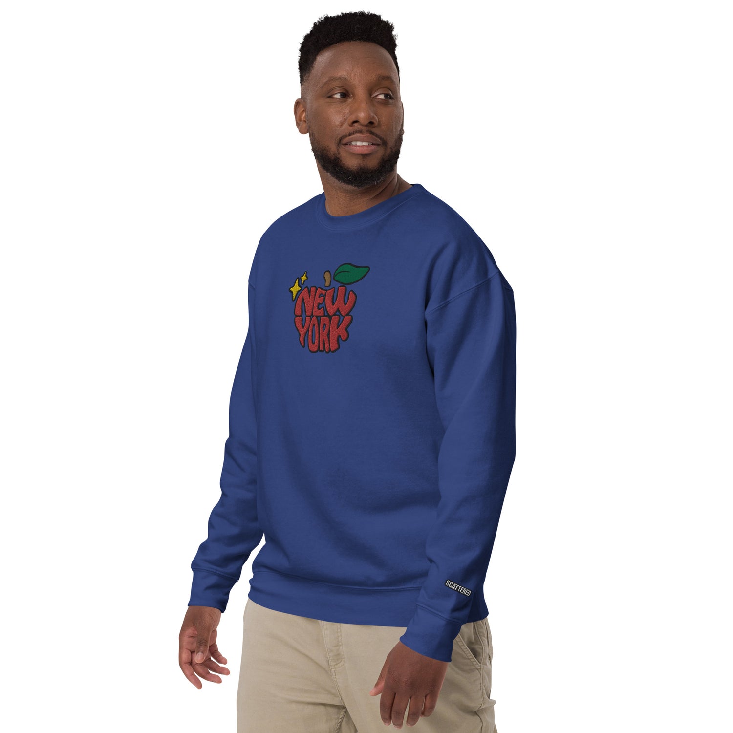 New York Apple Logo Embroidered Royal Blue Crewneck Sweatshirt Scattered Streetwear