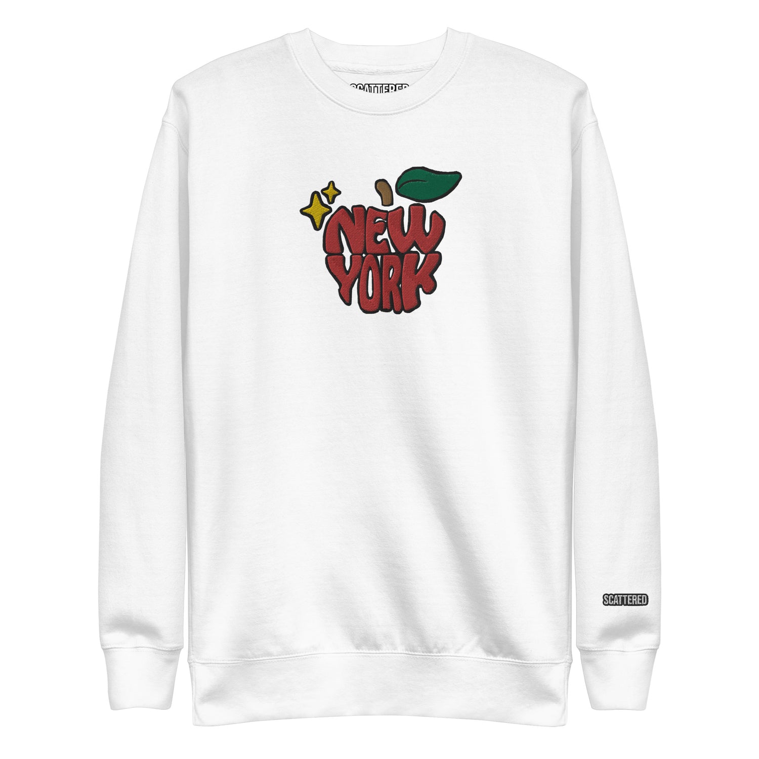 New York Apple Logo Embroidered White Crewneck Sweatshirt Scattered Streetwear