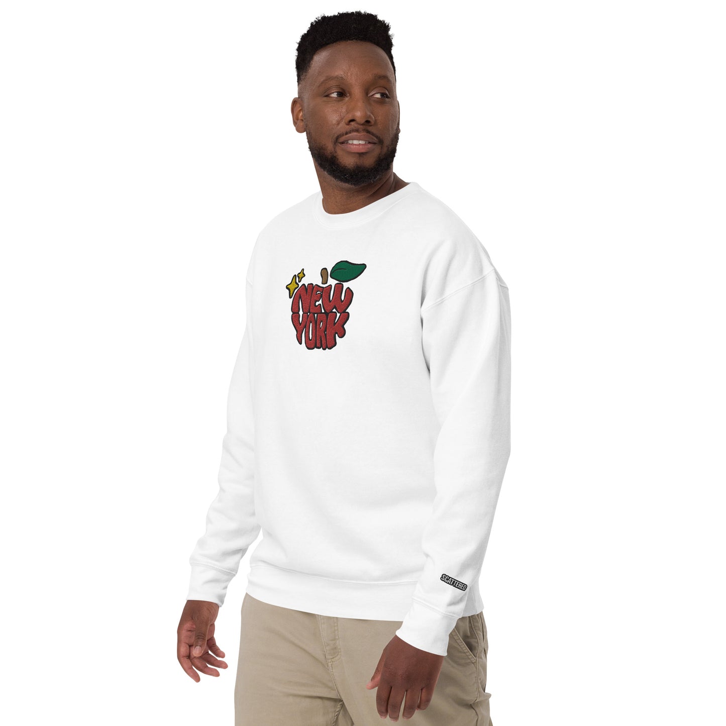 New York Apple Logo Embroidered White Crewneck Sweatshirt Scattered Streetwear