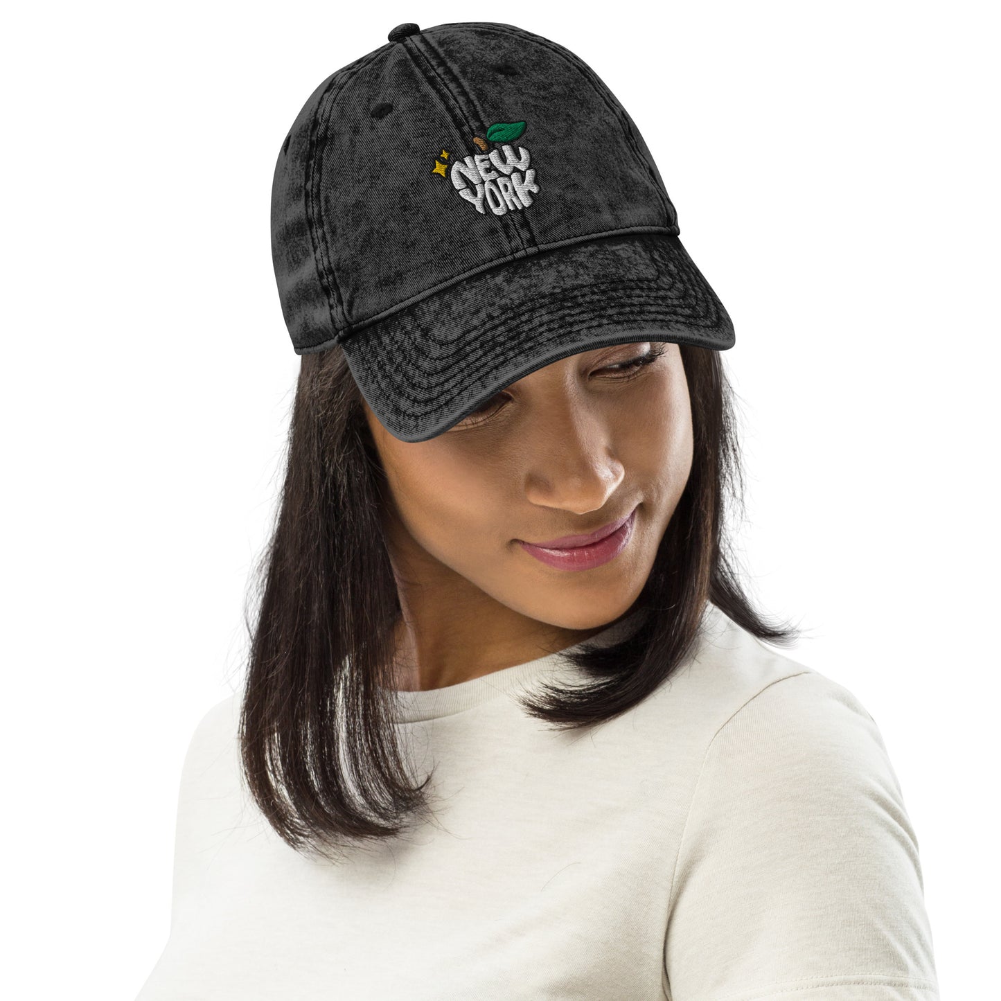 New York Apple Logo Embroidered Black Vintage Cotton Twill Hat Scattered Streetwear