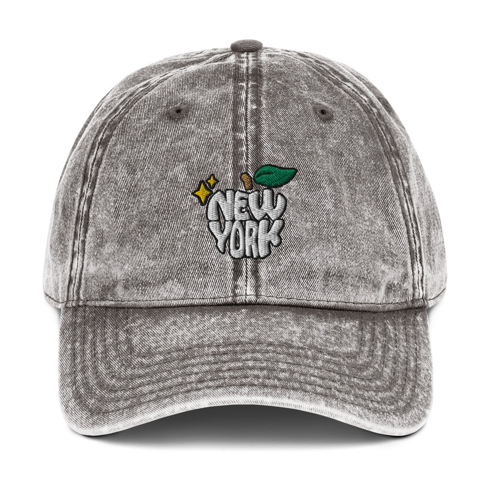 New York Apple Logo Embroidered Grey Vintage Cotton Twill Hat Scattered Streetwear