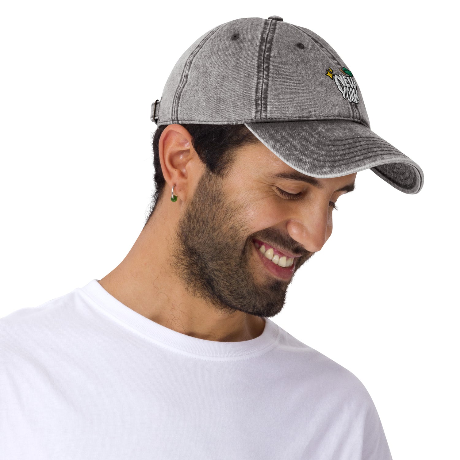 New York Apple Logo Embroidered Grey Vintage Cotton Twill Hat Scattered Streetwear