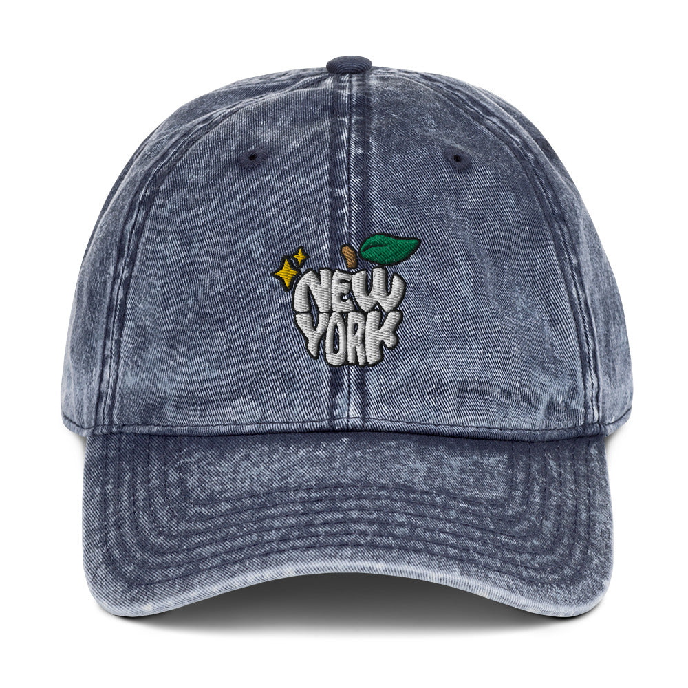 New York Apple Logo Embroidered Navy Blue Vintage Cotton Twill Hat Scattered Streetwear