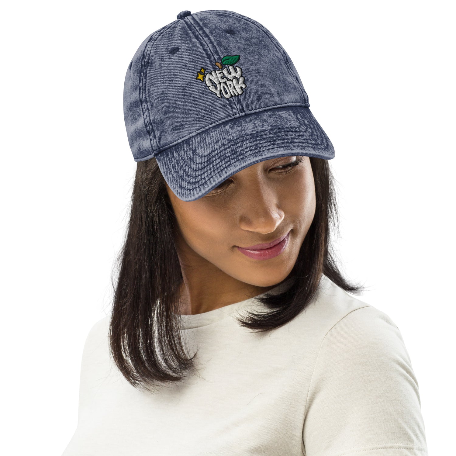 New York Apple Logo Embroidered Navy Blue Vintage Cotton Twill Hat Scattered Streetwear