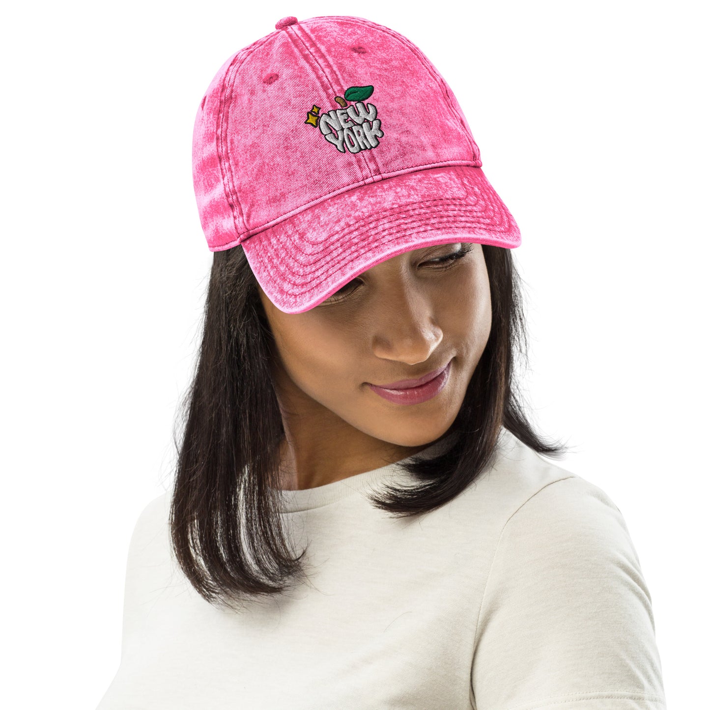 New York Apple Logo Embroidered Pink Vintage Cotton Twill Hat Scattered Streetwear