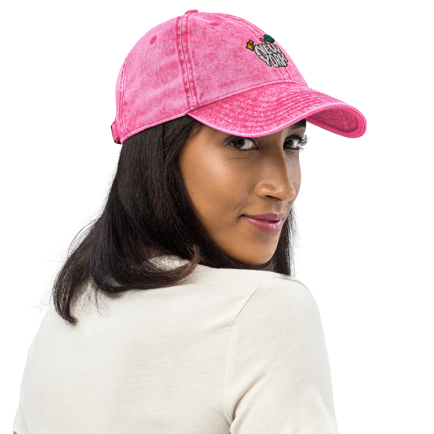 New York Apple Logo Embroidered Pink Vintage Cotton Twill Hat Scattered Streetwear