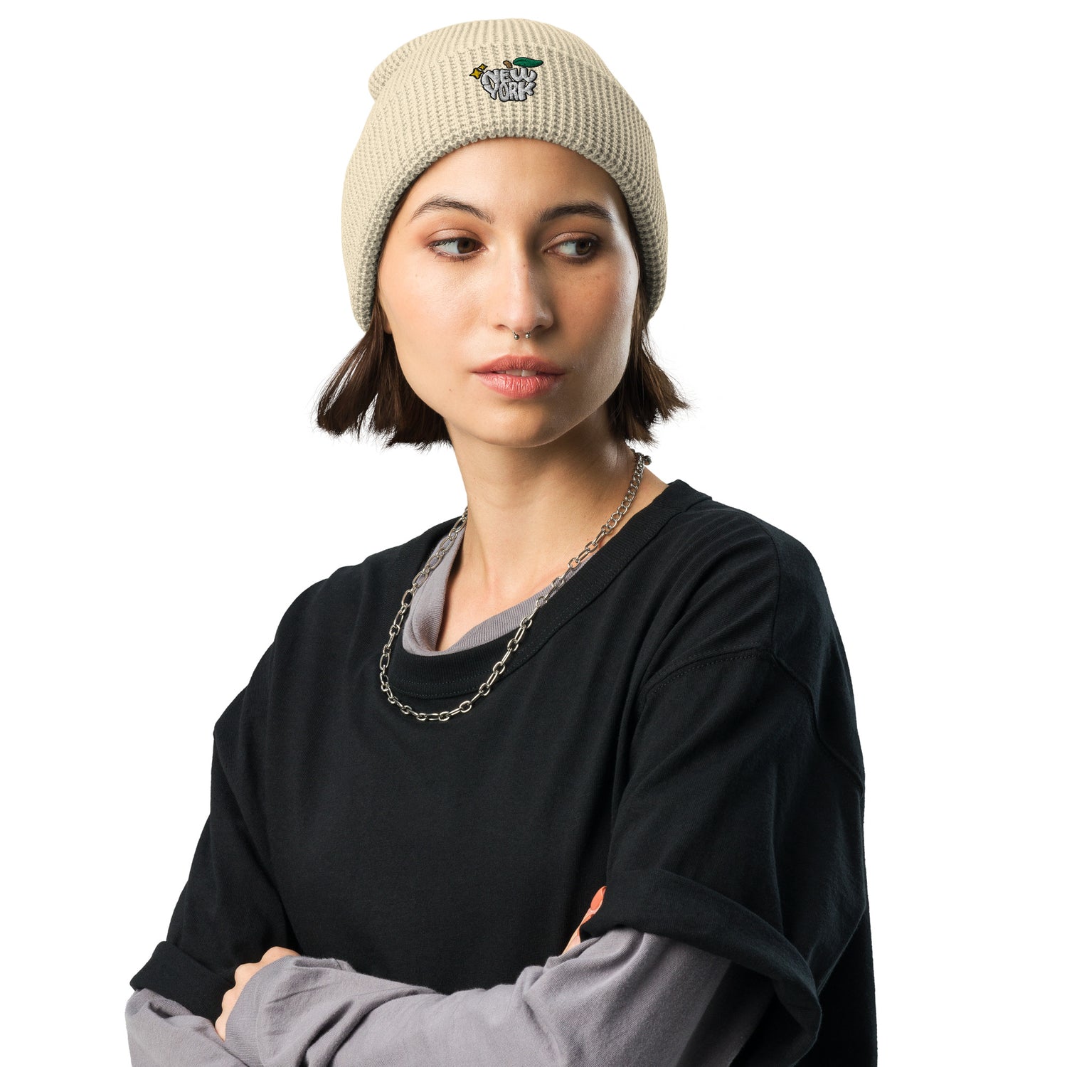 New York Apple Logo Embroidered Off White Cream Waffle Beanie Hat Scattered Streetwear