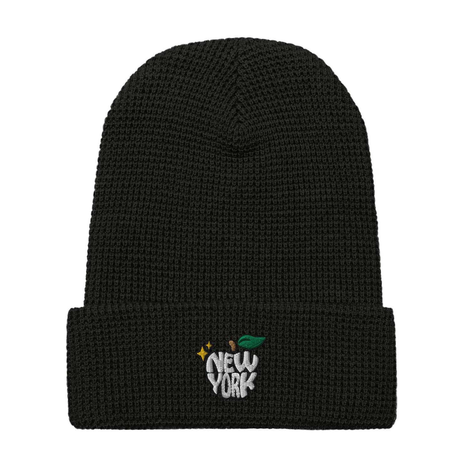 New York Apple Logo Embroidered Black Waffle Beanie Hat Scattered Streetwear