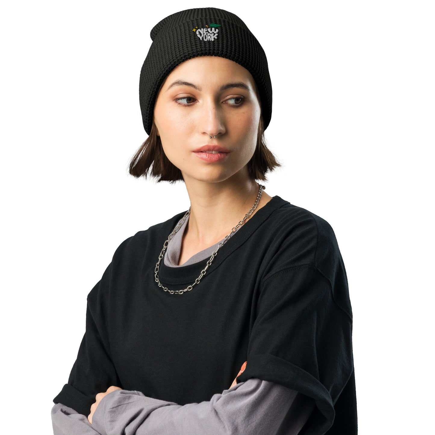 New York Apple Logo Embroidered Black Waffle Beanie Hat Scattered Streetwear