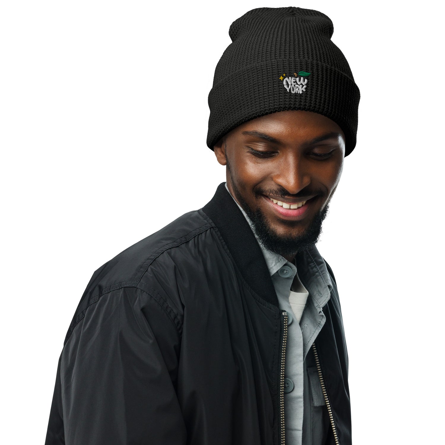 New York Apple Logo Embroidered Black Waffle Beanie Hat Scattered Streetwear