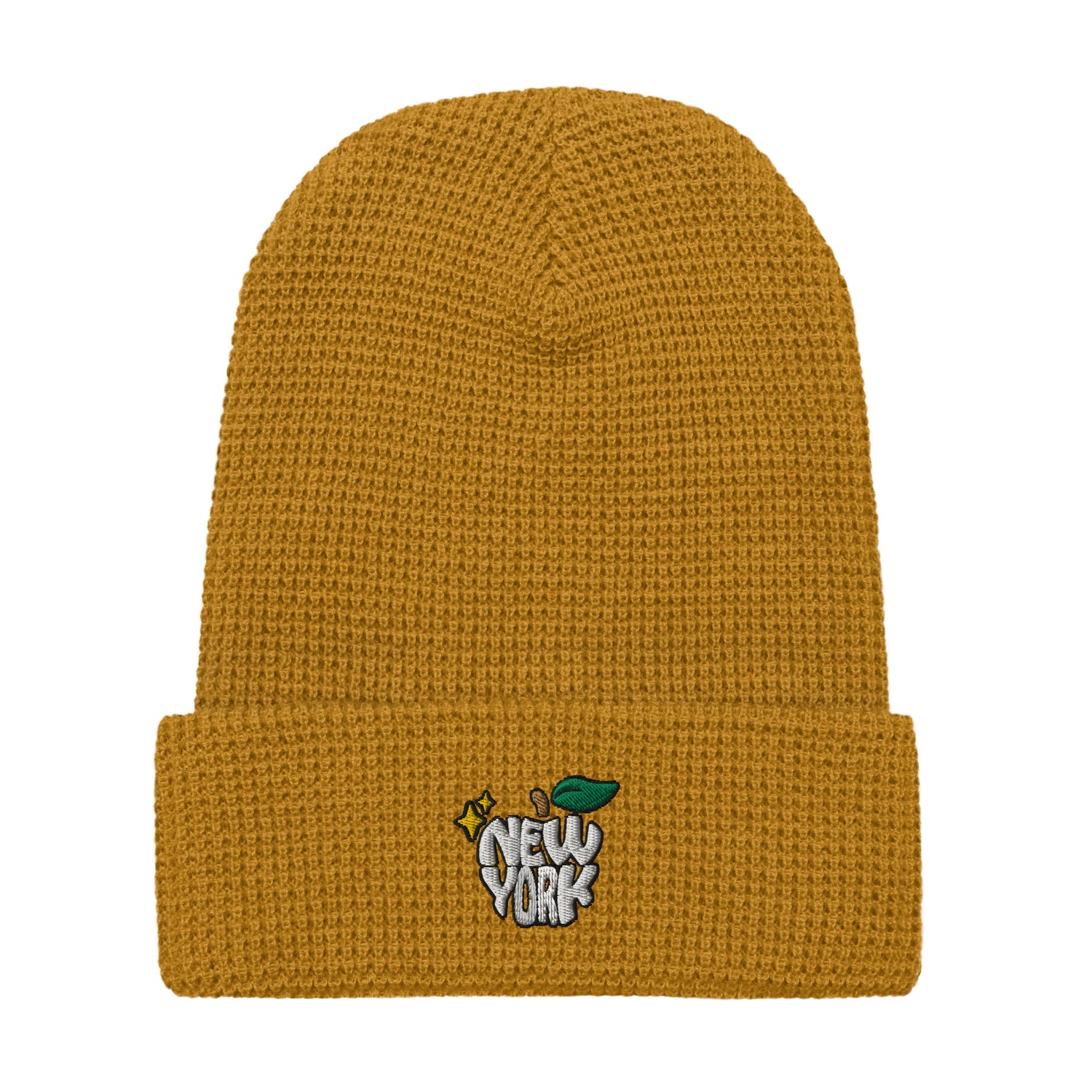 New York Apple Logo Embroidered Camel Yellow Waffle Beanie Hat Scattered Streetwear