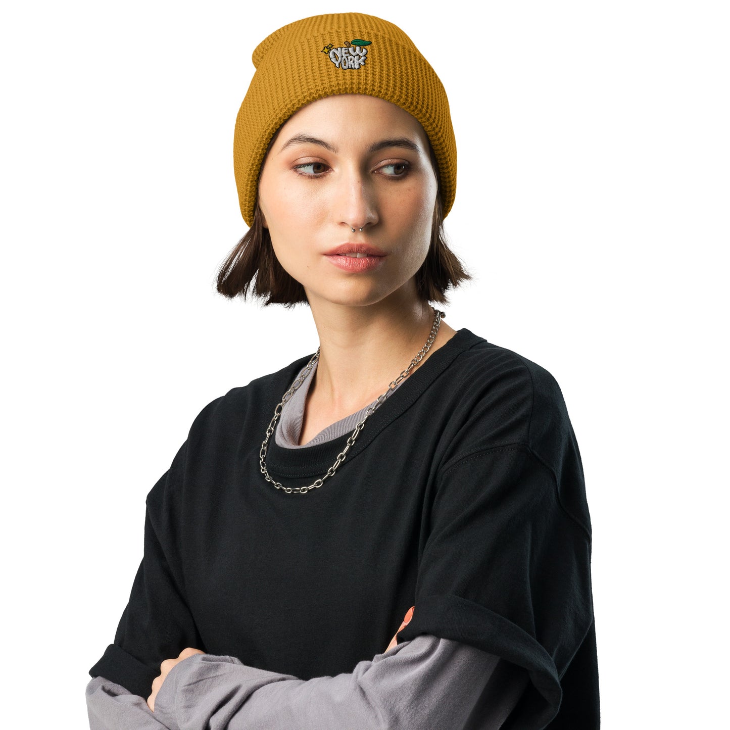 New York Apple Logo Embroidered Camel Yellow Waffle Beanie Hat Scattered Streetwear