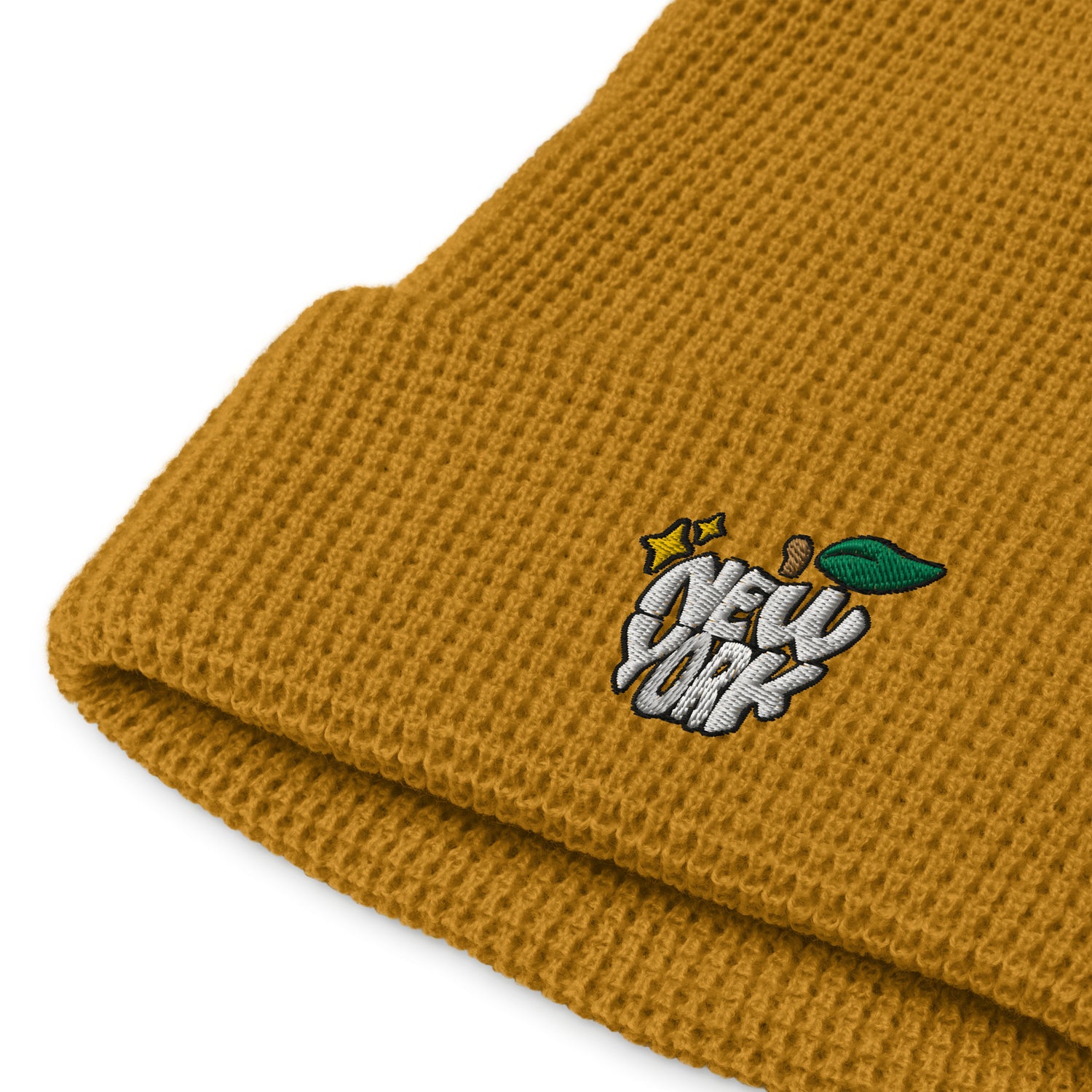 New York Apple Logo Embroidered Camel Yellow Waffle Beanie Hat Scattered Streetwear