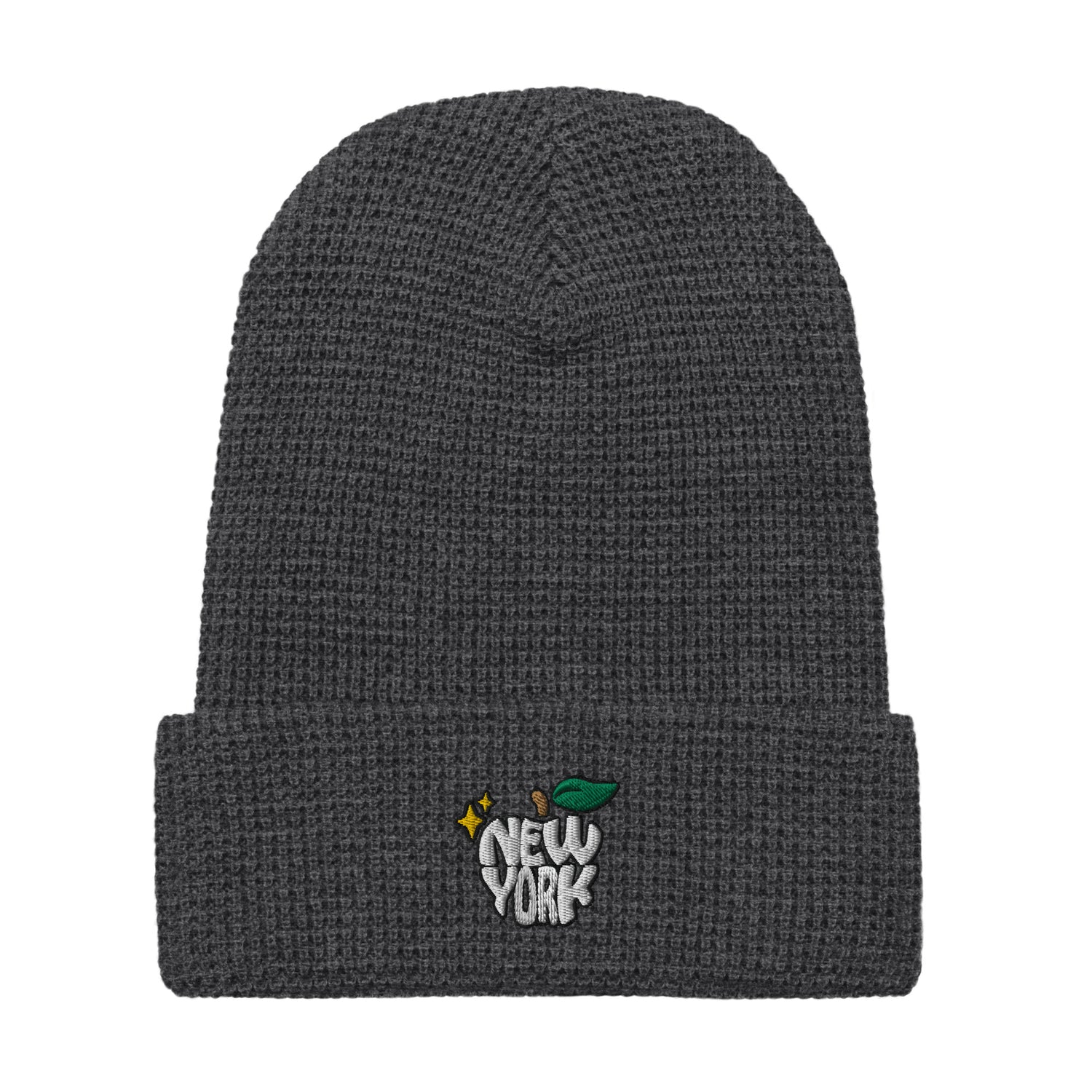 New York Apple Logo Embroidered Grey Waffle Beanie Hat Scattered Streetwear