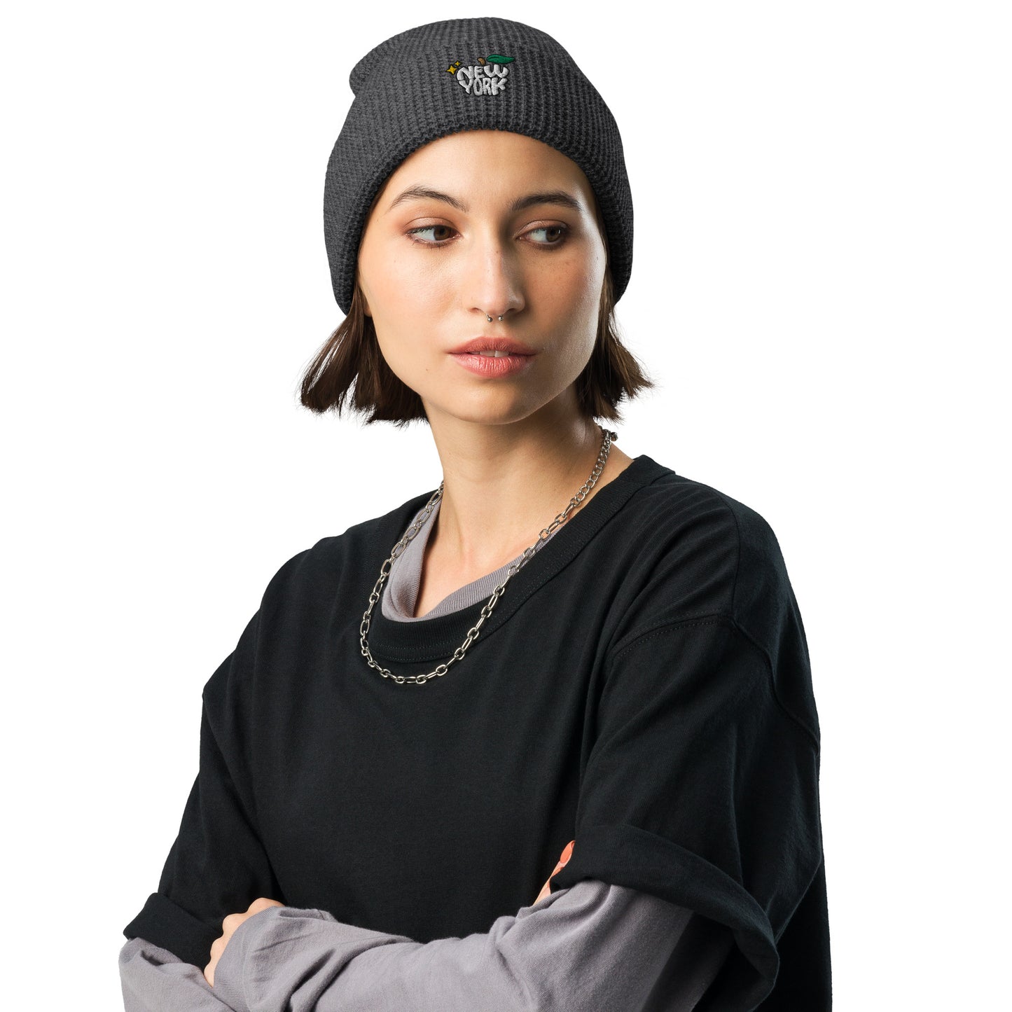 New York Apple Logo Embroidered Grey Waffle Beanie Hat Scattered Streetwear