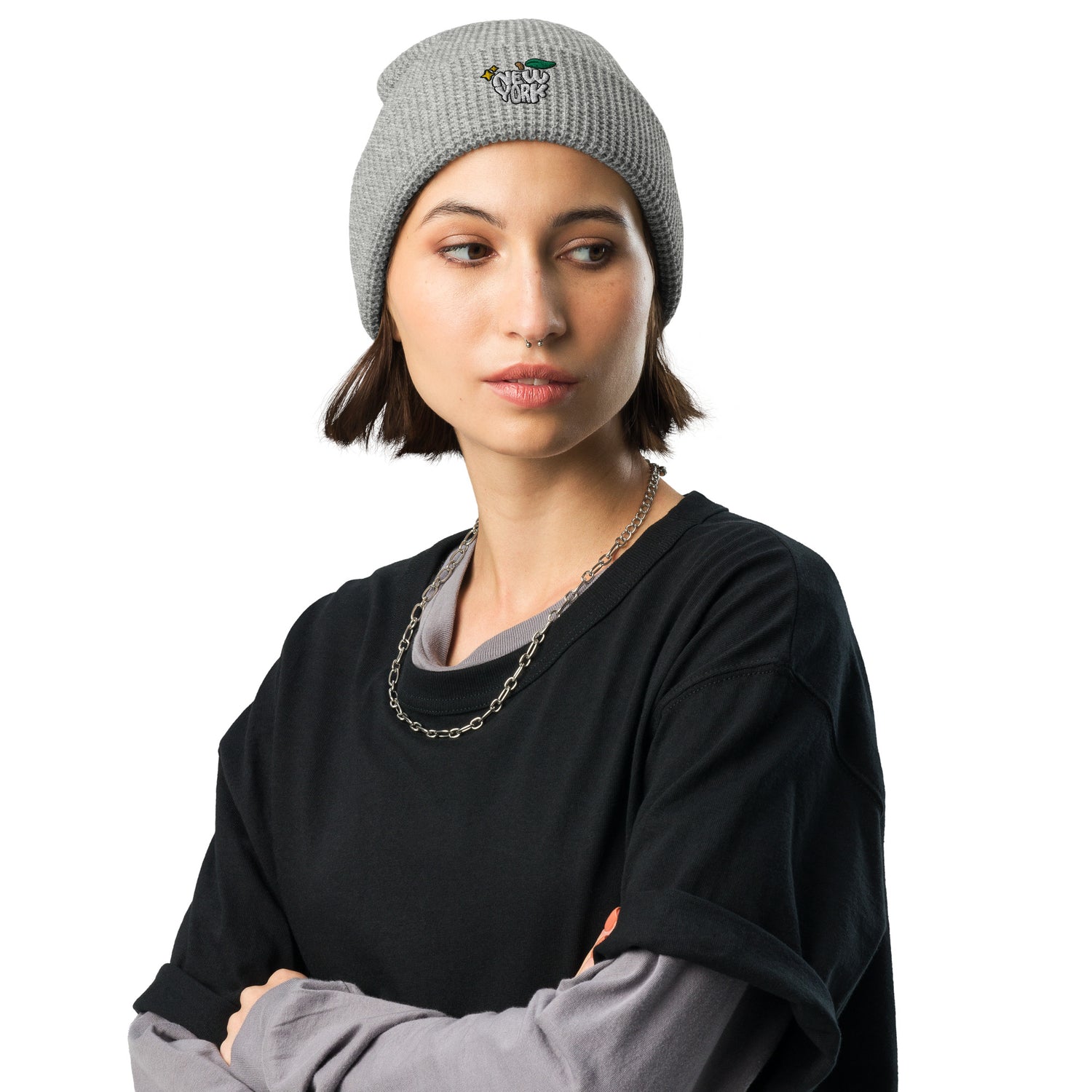 New York Apple Logo Embroidered Grey Waffle Beanie Hat Scattered Streetwear