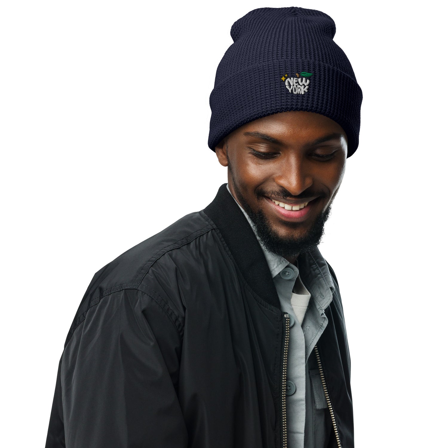 New York Apple Logo Embroidered Navy Blue Waffle Beanie Hat Scattered Streetwear