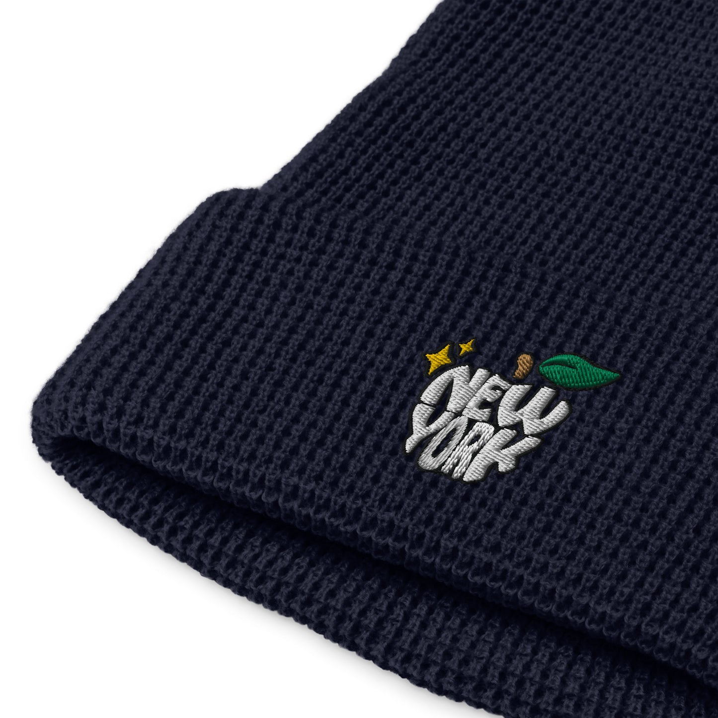 New York Apple Logo Embroidered Navy Blue Waffle Beanie Hat Scattered Streetwear